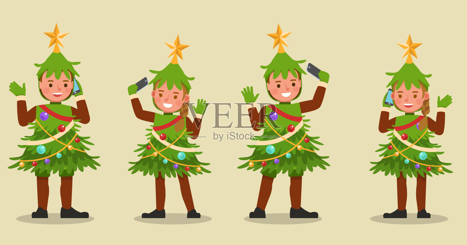 一套男孩和女孩穿着圣诞树服装的角色矢量设计。表现在各种带有情感的动作中。设计元素图片
