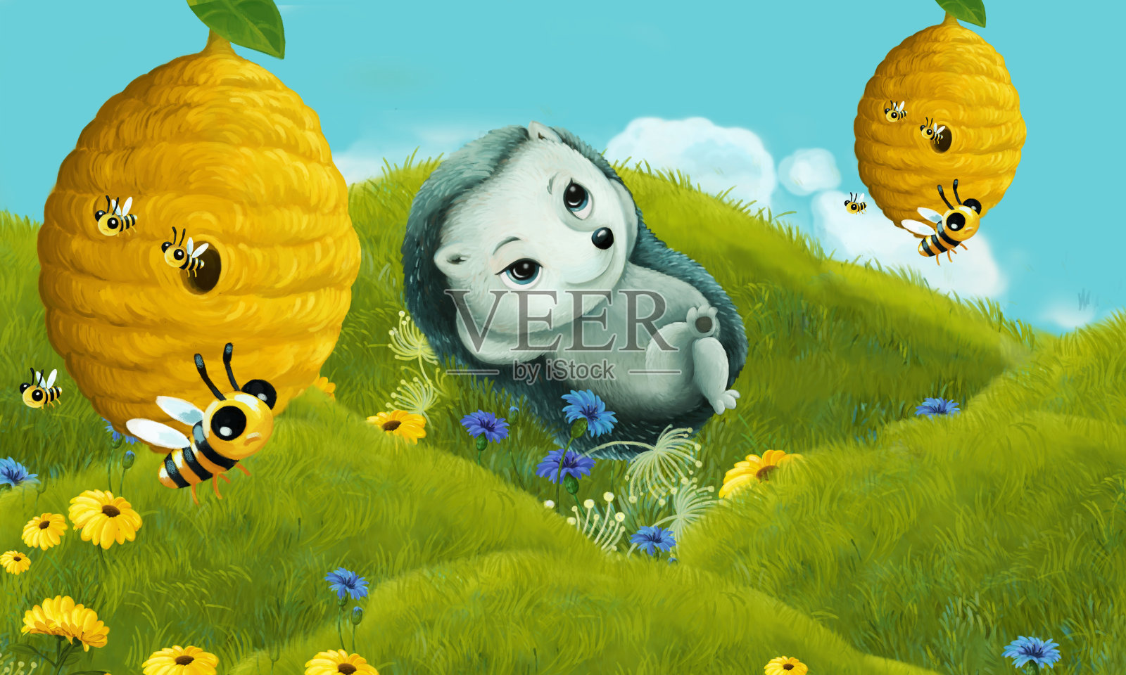 森林动物在草地上玩耍的卡通场景-插图插画图片素材