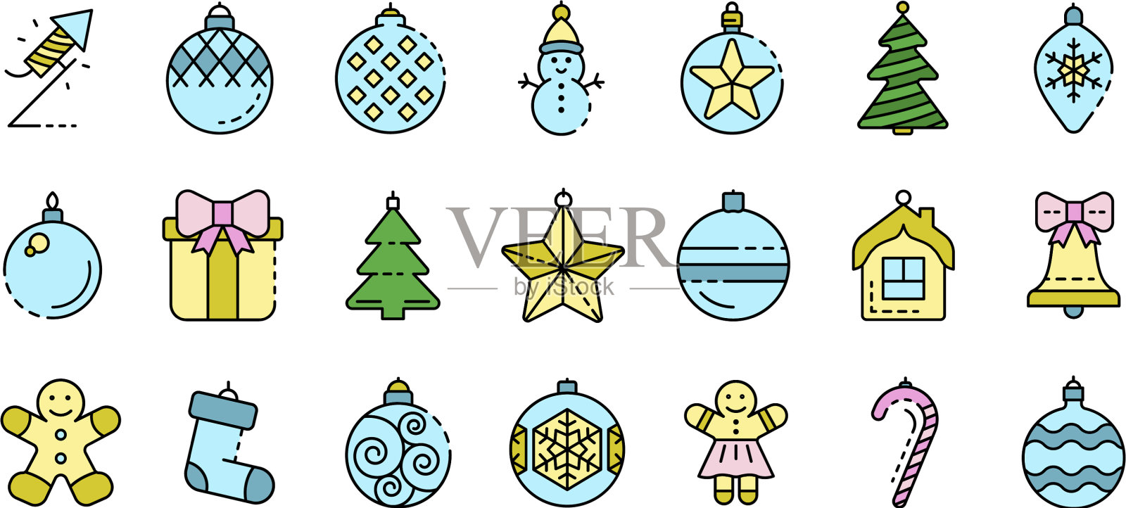 圣诞树玩具图标设置线颜色图标素材