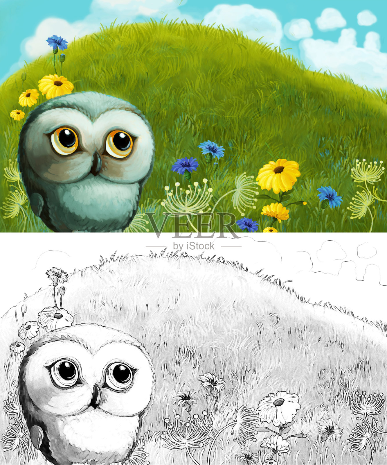 森林动物在草地上玩耍的卡通场景-插图插画图片素材