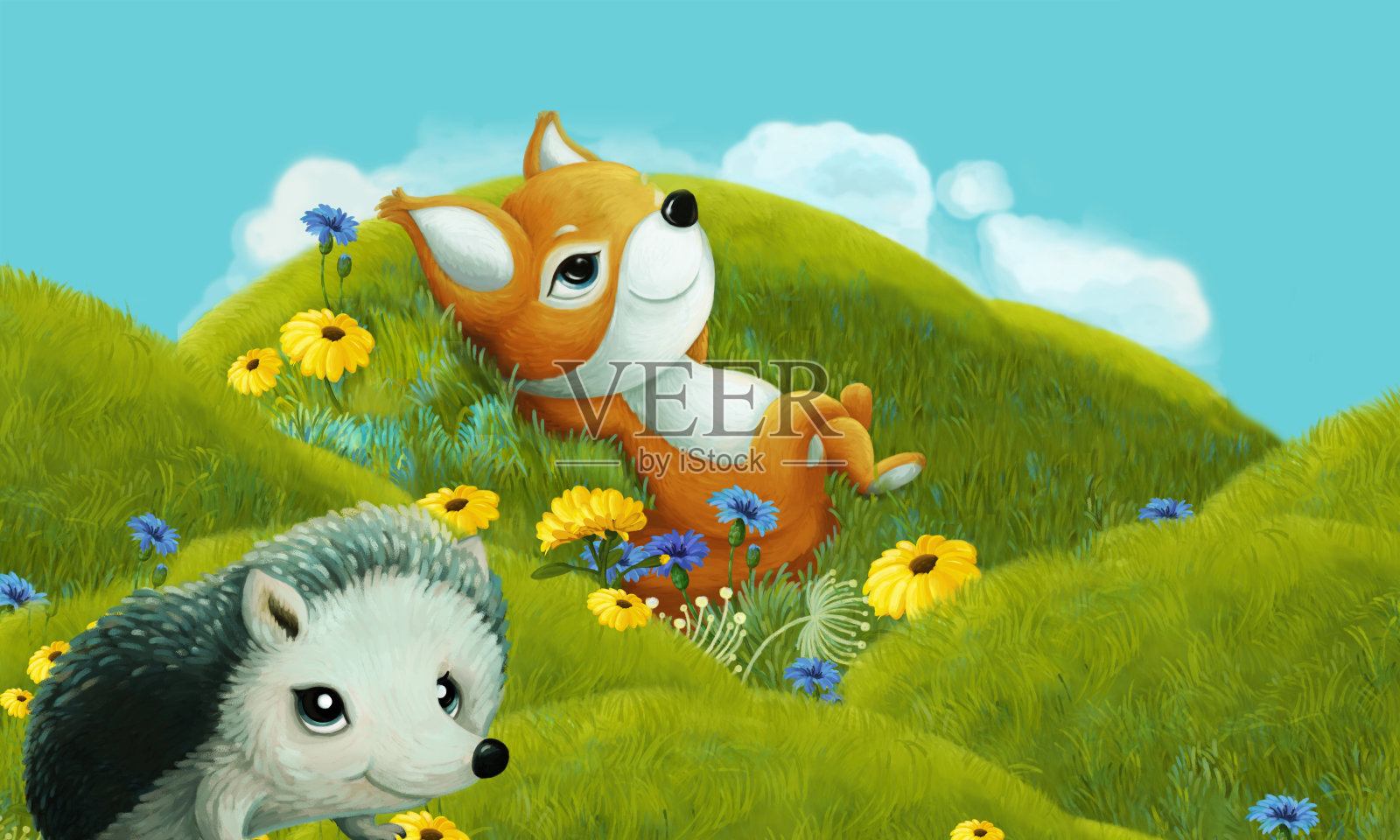 森林动物在草地上玩耍的卡通场景-插图插画图片素材