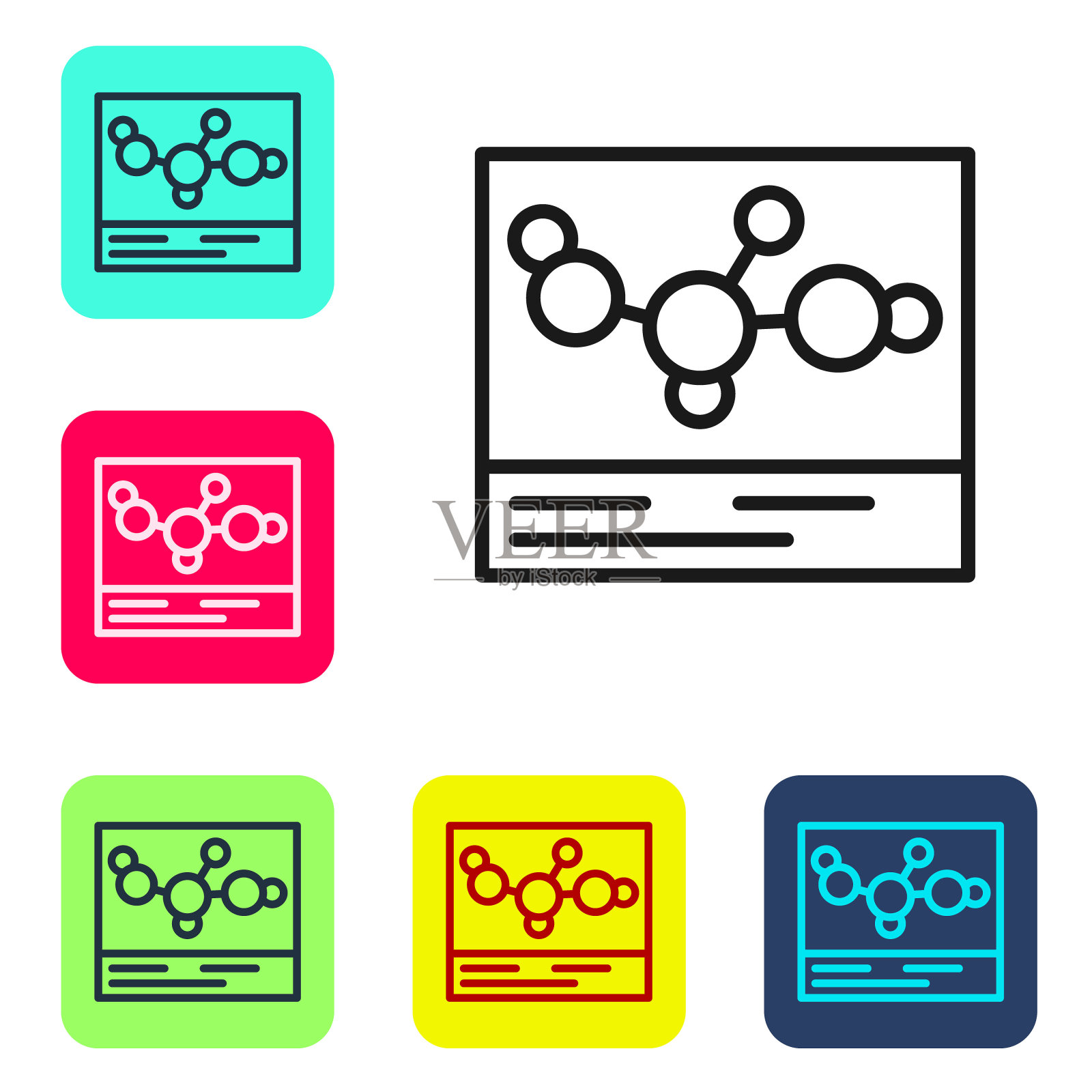 黑线化学公式图标孤立在白色背景上。摘要六边形为创新医药、健康、科研和科学。设置图标为彩色方框按钮。向量图标素材