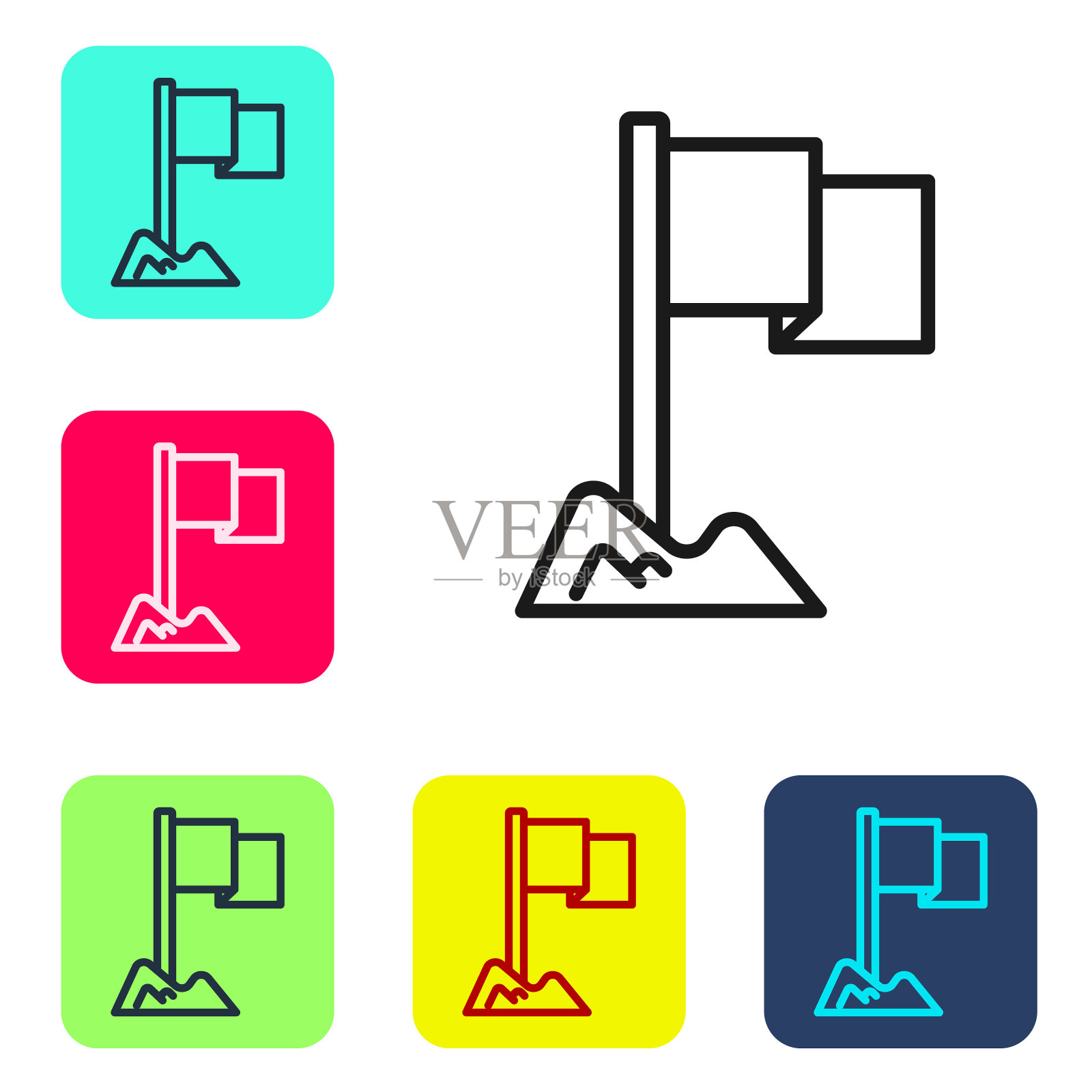 黑线白色背景上隔离的标志图标。位置标记符号。设置图标为彩色方框按钮。向量图标素材