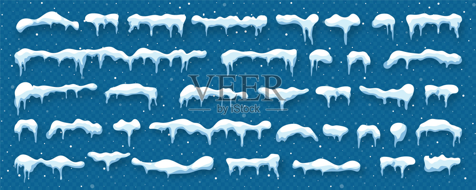 雪，冰帽孤立在蓝色透明的背景。降雪和雪花。冬天的季节。圣诞贺卡设计元素。矢量图插画图片素材