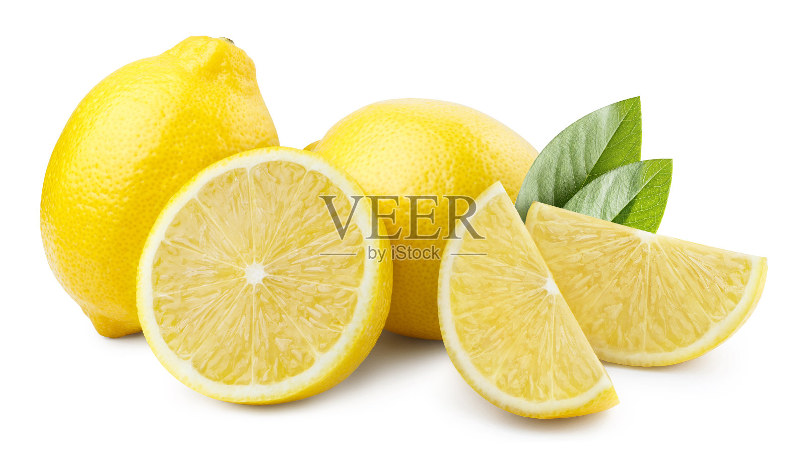 一组美味的柠檬，白色的叶子照片摄影图片
