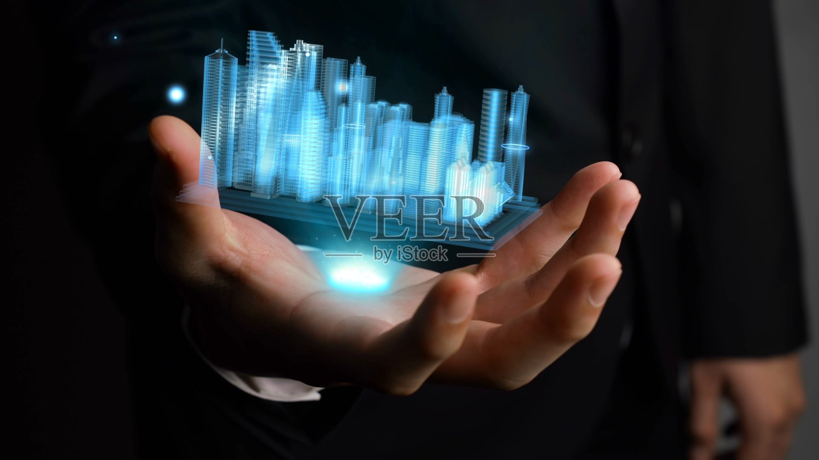 商人手持3D城市模型展示增强现实技术照片摄影图片