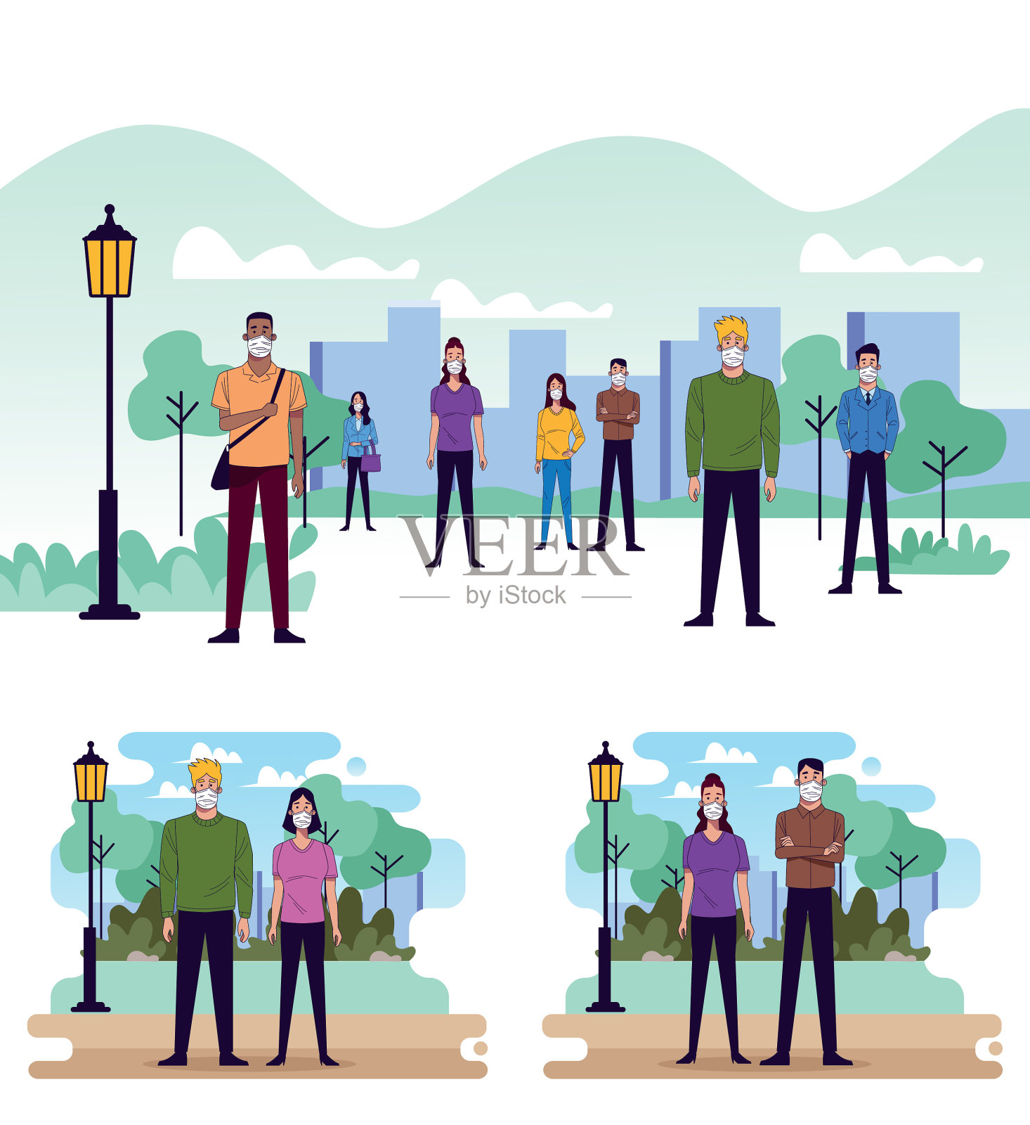 一群人戴着医用口罩在公园里插画图片素材