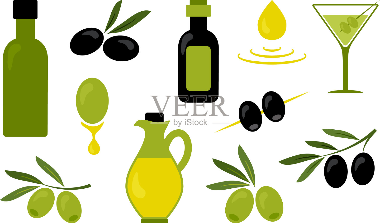 橄榄油黑绿枝橄榄杯插画图片素材