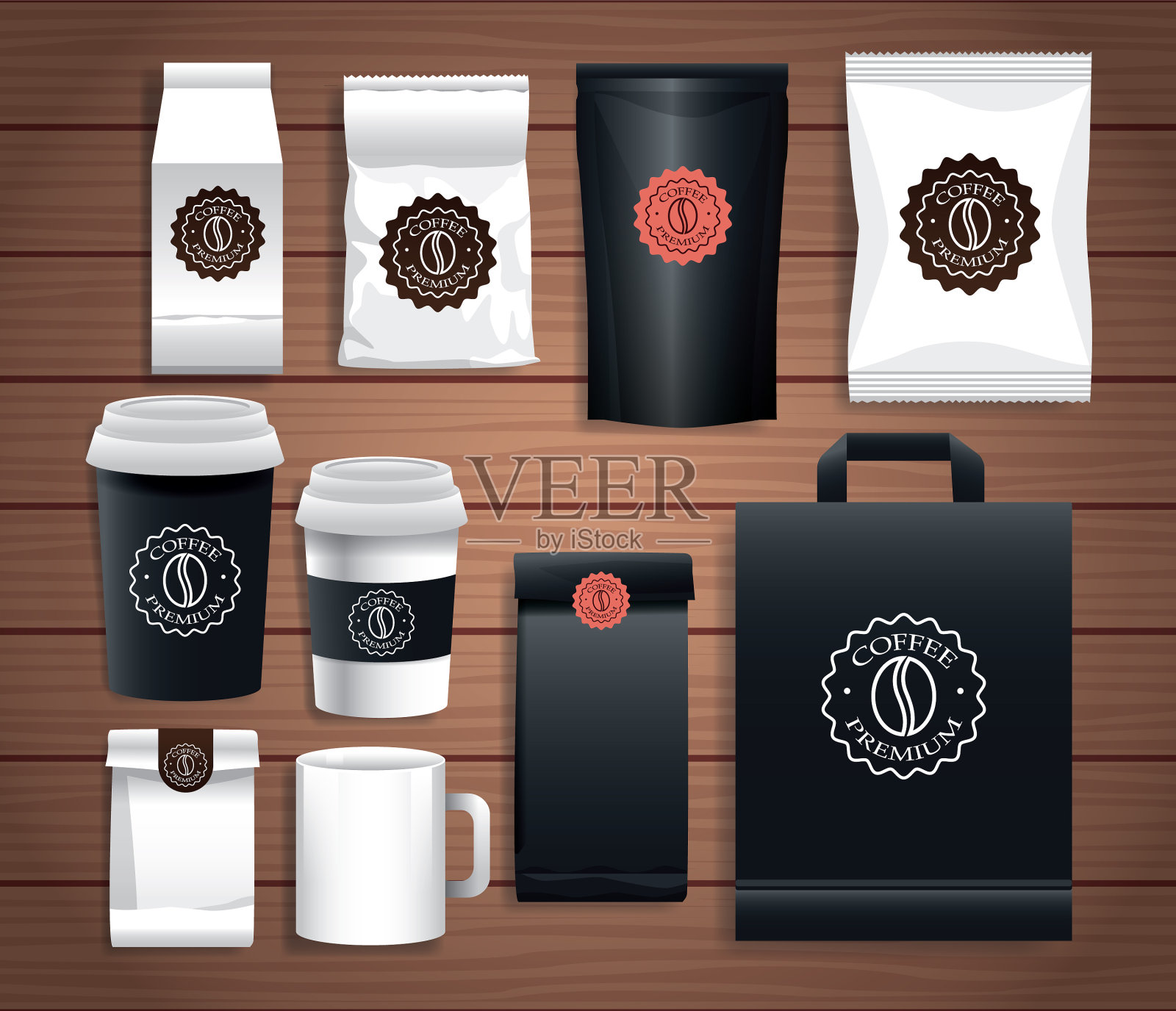 设置优雅的咖啡包装与不同插画图片素材