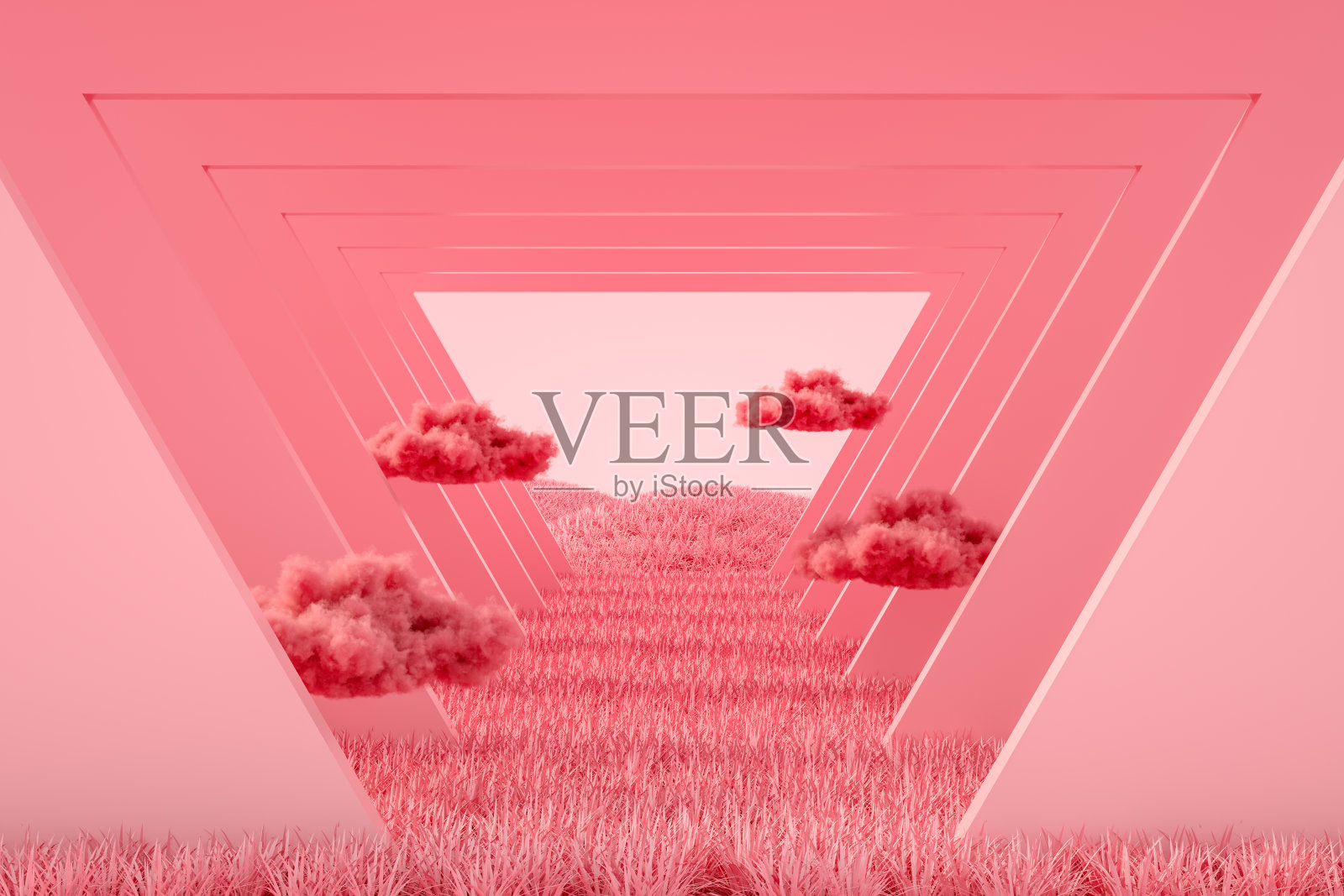 抽象隧道与云彩在草地上，粉红色的颜色照片摄影图片