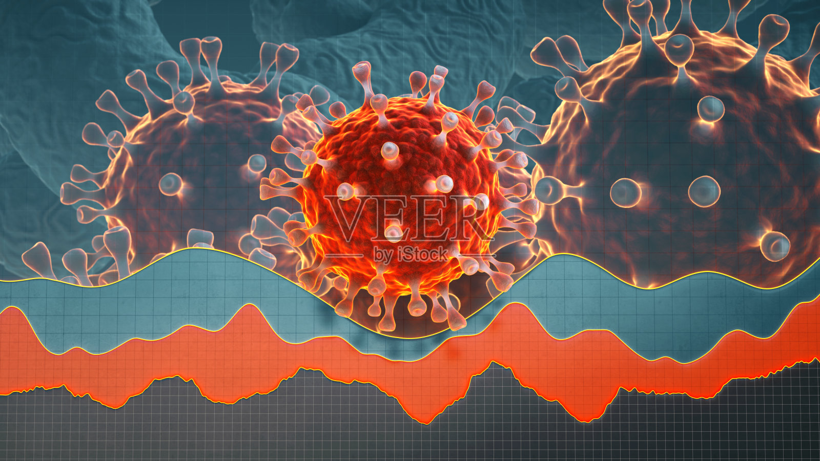 红色冠状病毒COVID-19细胞上方为人工线形图，无数字数据，适合进一步合成和编辑照片摄影图片