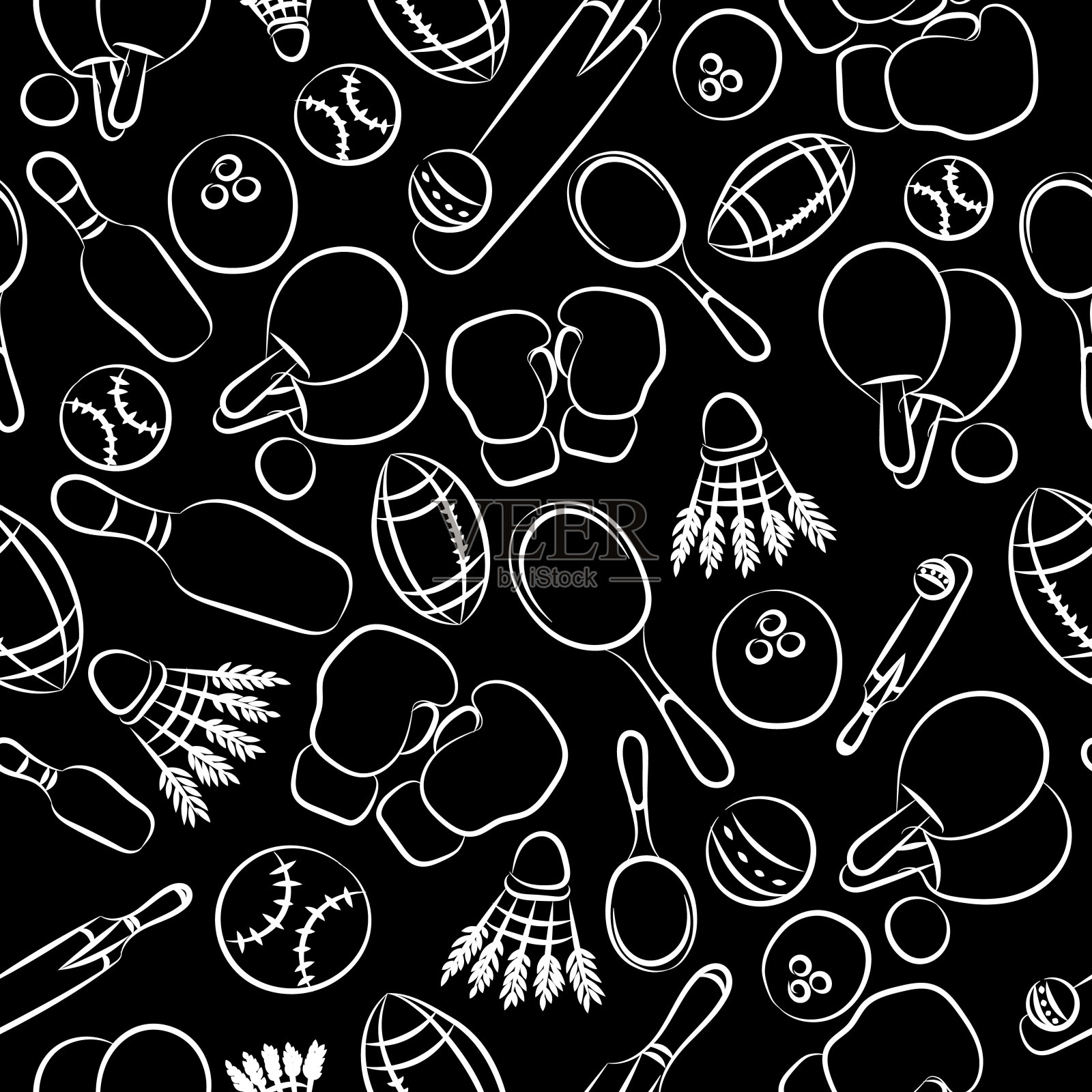 男孩的印花t恤。在黑色背景上的一套运动设备。插画图片素材