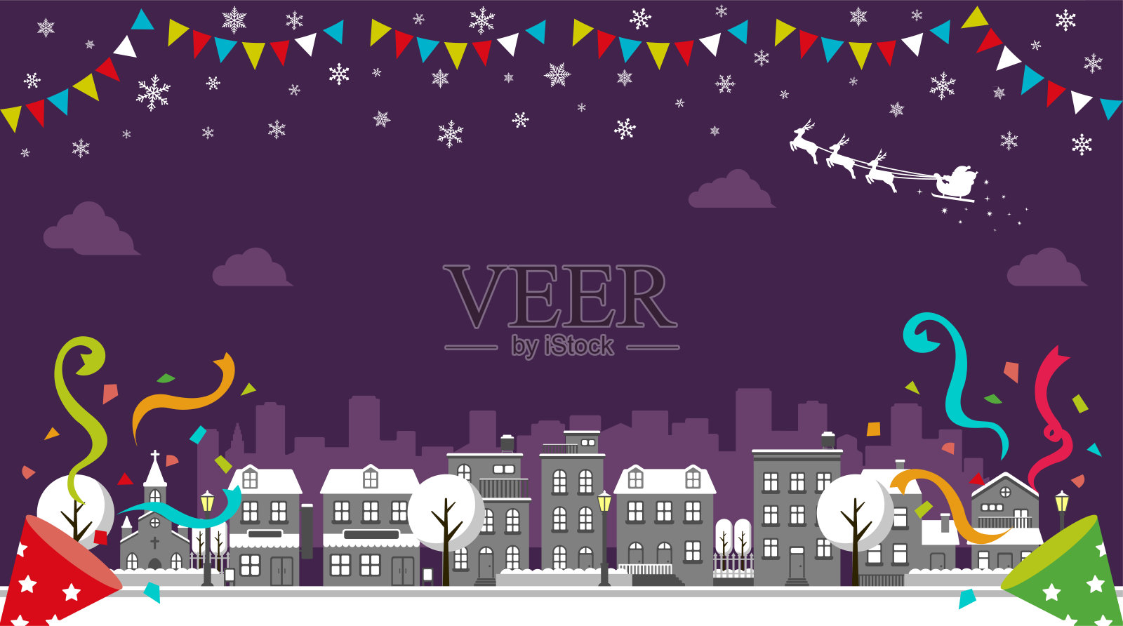 圣诞城市景观矢量横幅插图(冬季)/无文字插画图片素材