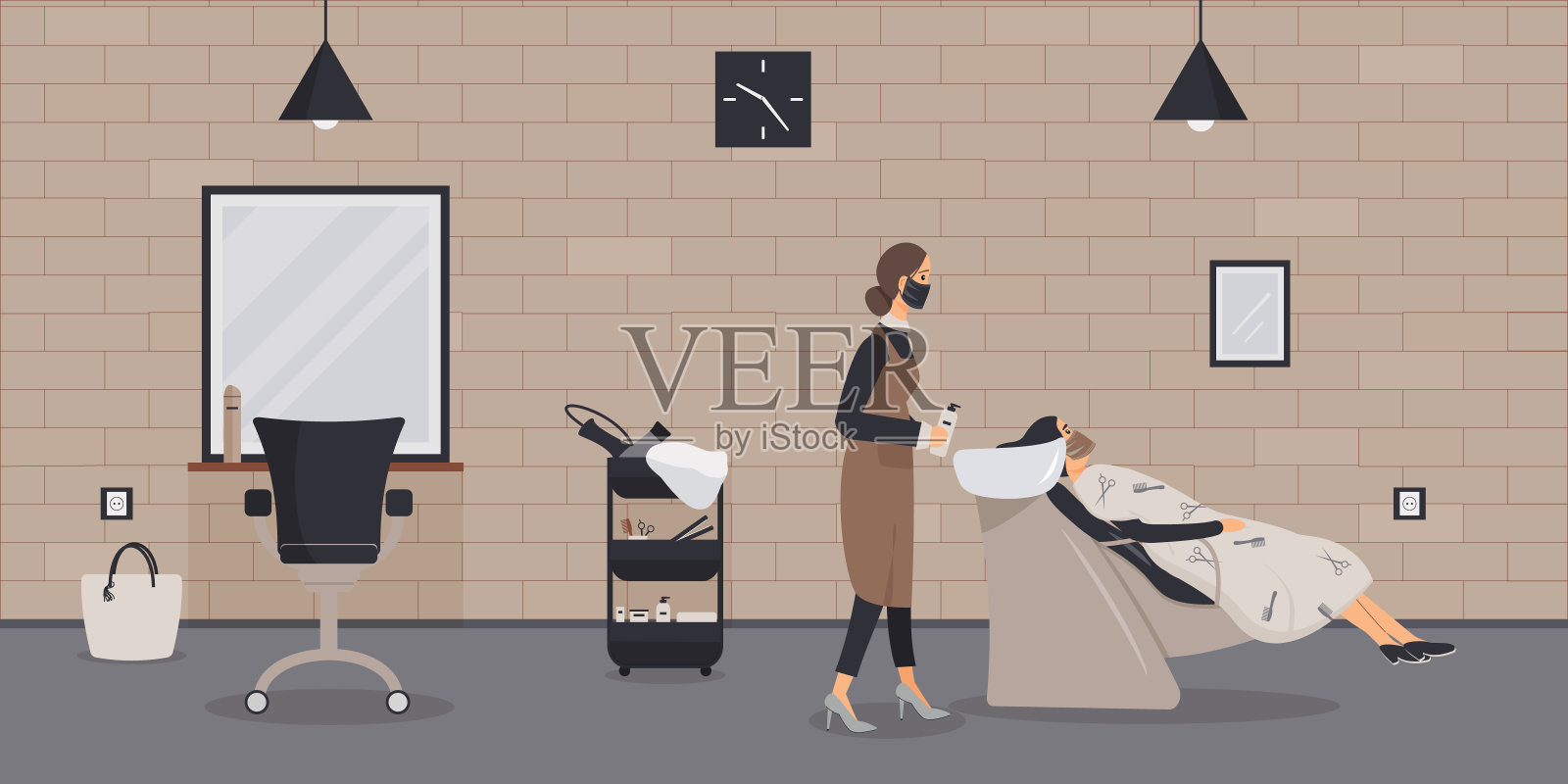 美容院的内部为阁楼式。在病毒流行期间，理发师戴着医用防护口罩插画图片素材