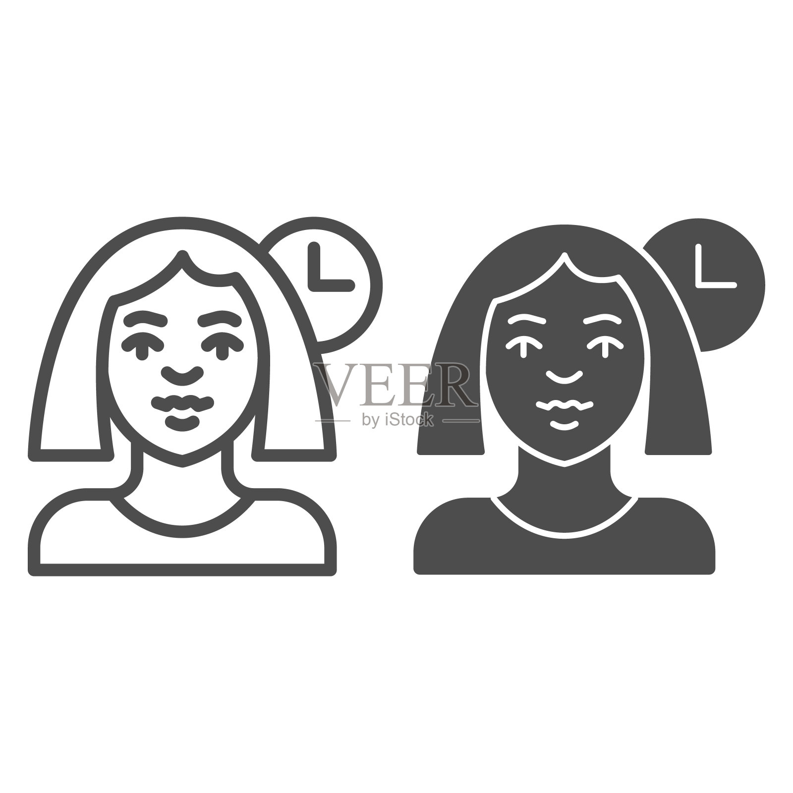女人和时钟线和固体图标，化妆常规概念，在白色背景上的时钟标志上的女人活动，女孩和手表图标轮廓风格的移动概念和网页设计。矢量图形。图标素材