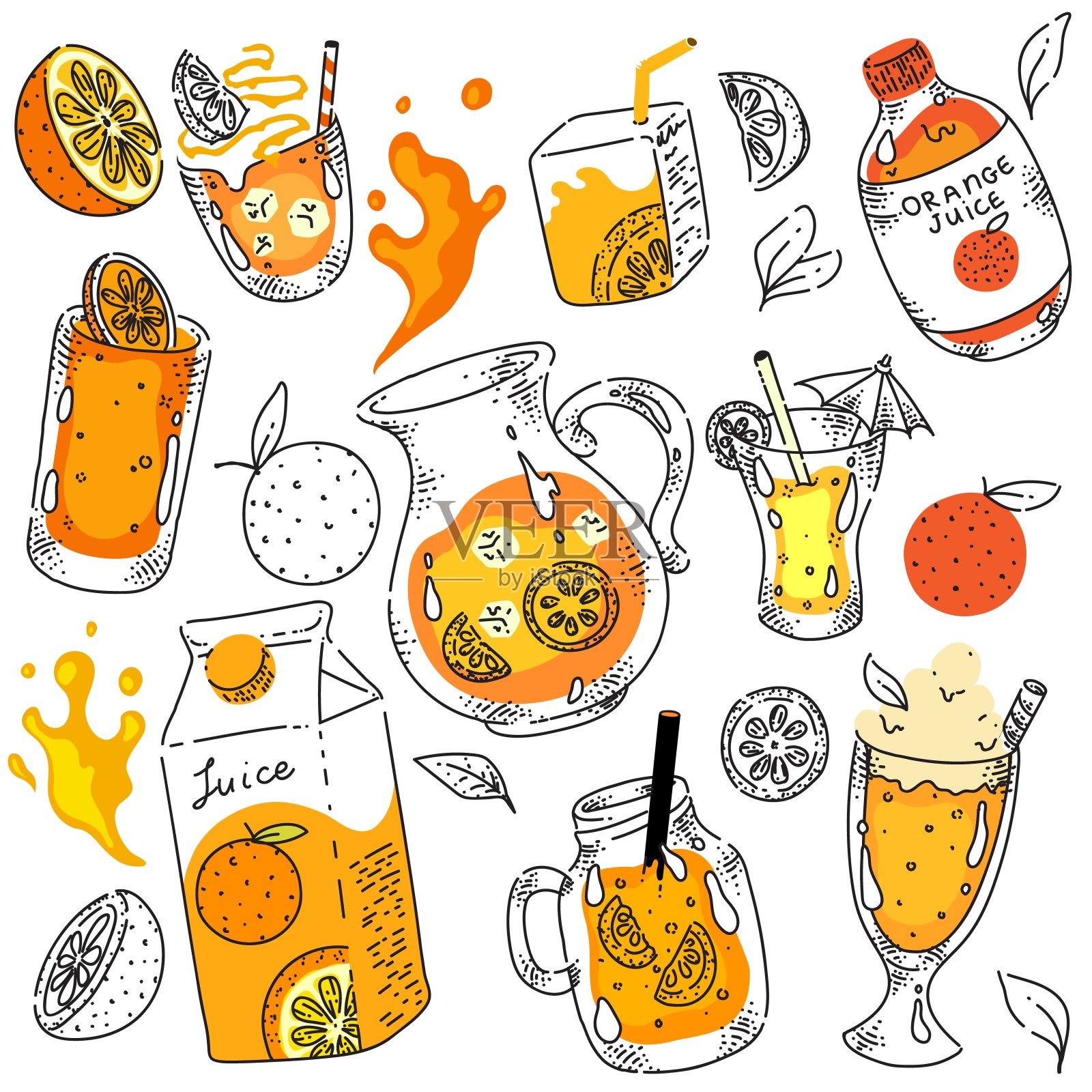 水壶，硬纸板包装和一杯美味的橙汁插画图片素材