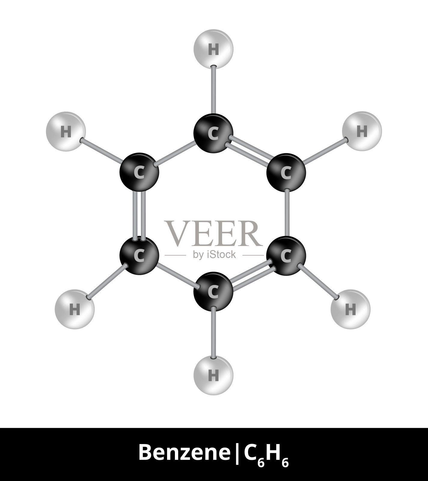 化学物质的矢量球棒模型。由碳和氢组成的苯分子C6H6的图标。结构公式适合孤立在白色背景上的教育。插画图片素材