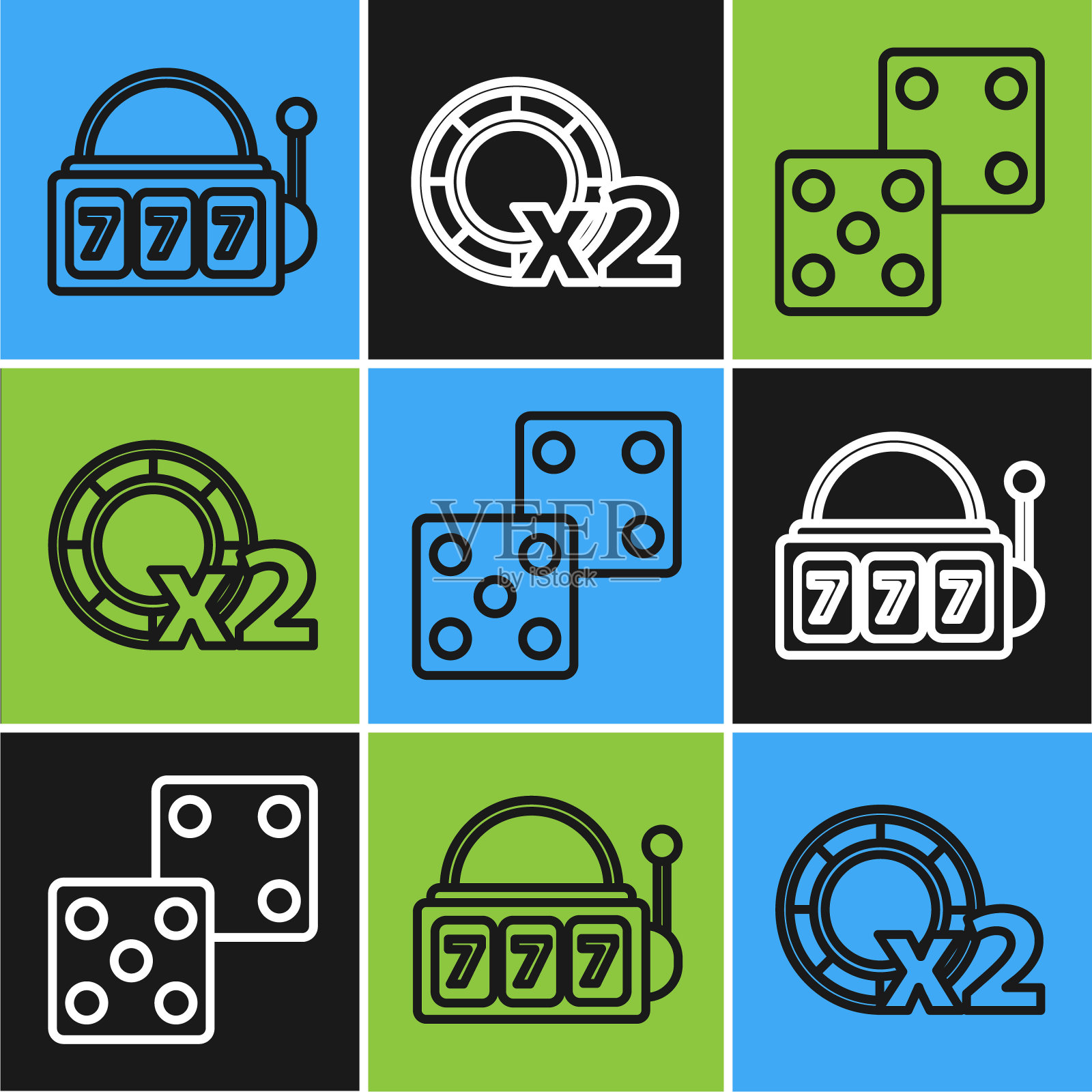 集线老虎机与幸运七头奖，游戏骰子和赌场筹码图标。向量插画图片素材