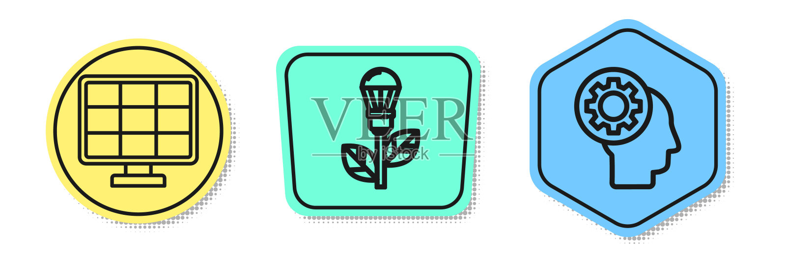 固定线太阳能板，带叶片的灯泡，带齿轮的人头。颜色的形状。向量插画图片素材