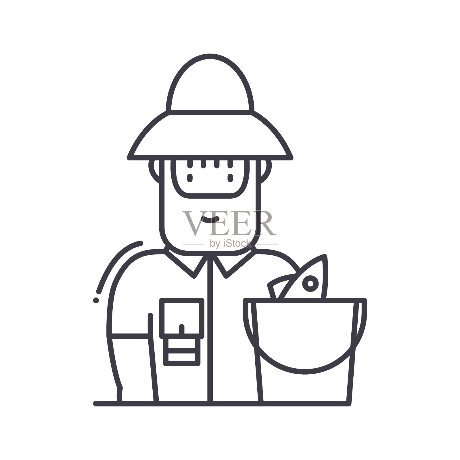 钓鱼图标，线性隔离插图，细线矢量，网页设计标志，轮廓概念符号与可编辑笔画在白色背景。插画图片素材