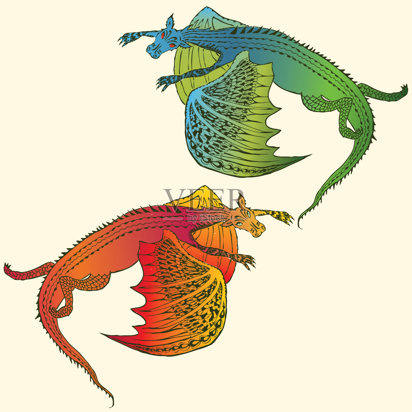 矢量插图绘制卡通红色和绿色飞龙插画图片素材