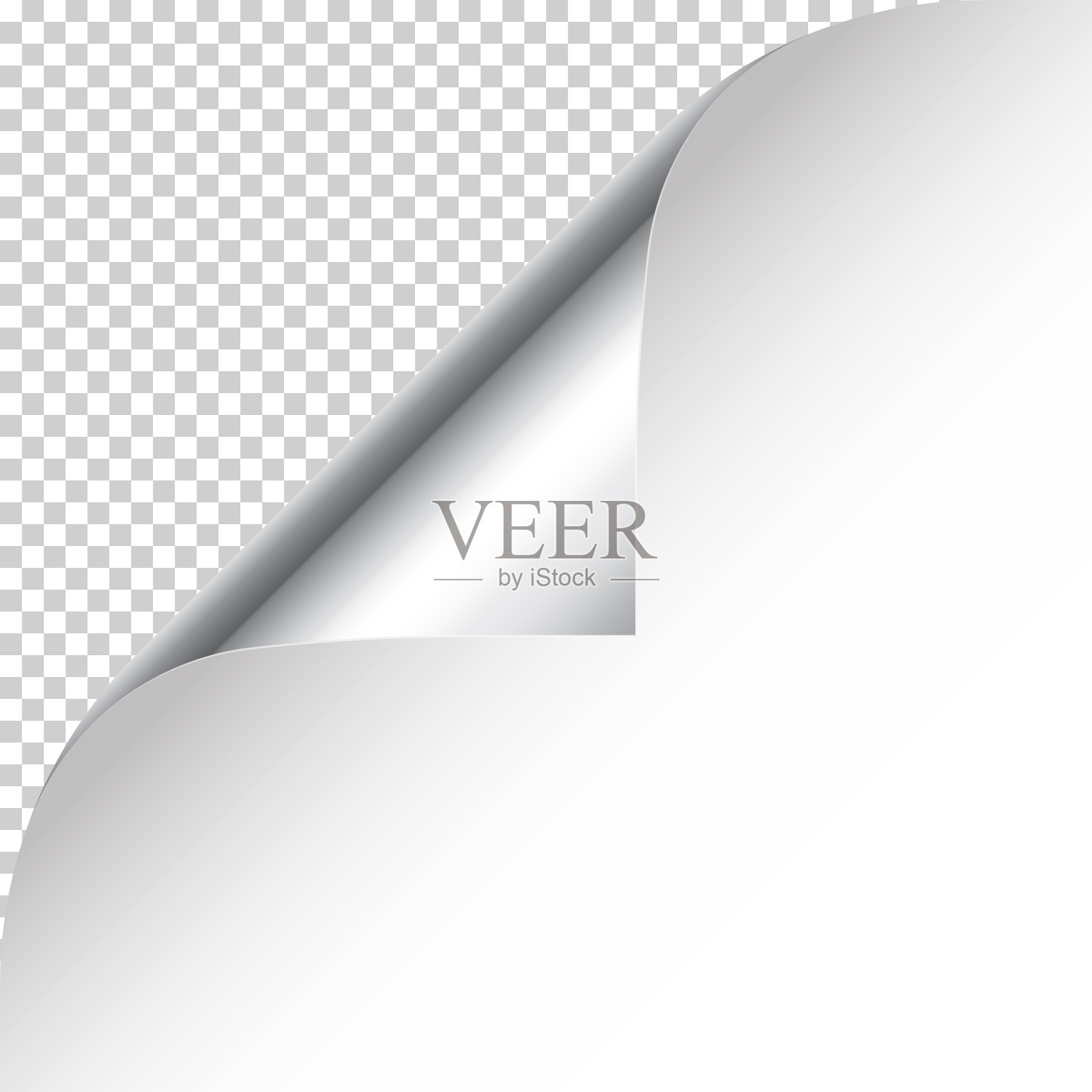 现实的银色卷曲页角与阴影在方格背景。贺卡设计元素。一张白纸。矢量图插画图片素材