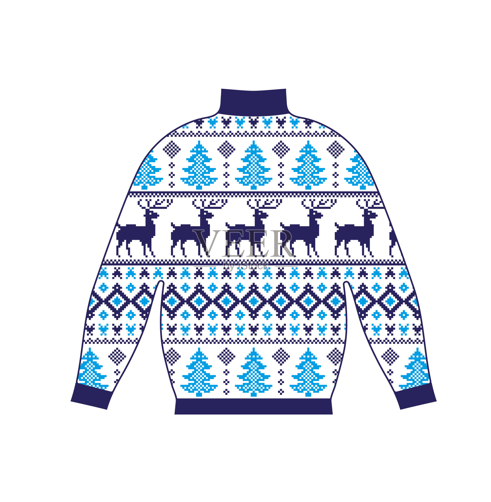 冬季暖毛衣手工制作，针织套衫，红色。女毛衣，男毛衣，男女皆宜的毛衣。设计-雪花，驯鹿提花图案。圣诞节，新年，股票矢量插画图片素材