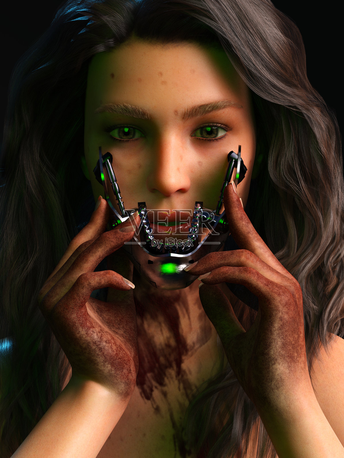 一个女人拿着仿生下巴的3D照片肖像。照片摄影图片