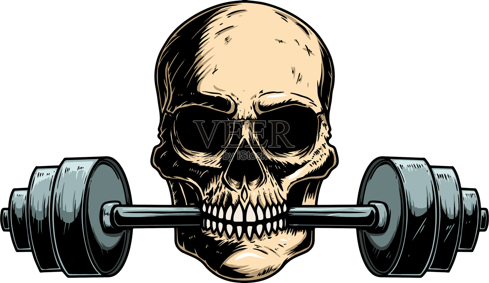 牙齿上有杠铃的人类头骨设计元素图片