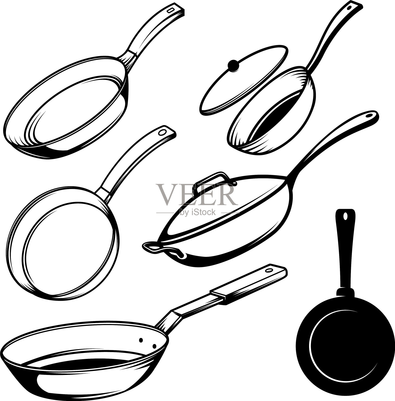 设置烹饪锅在雕刻风格设计设计元素图片