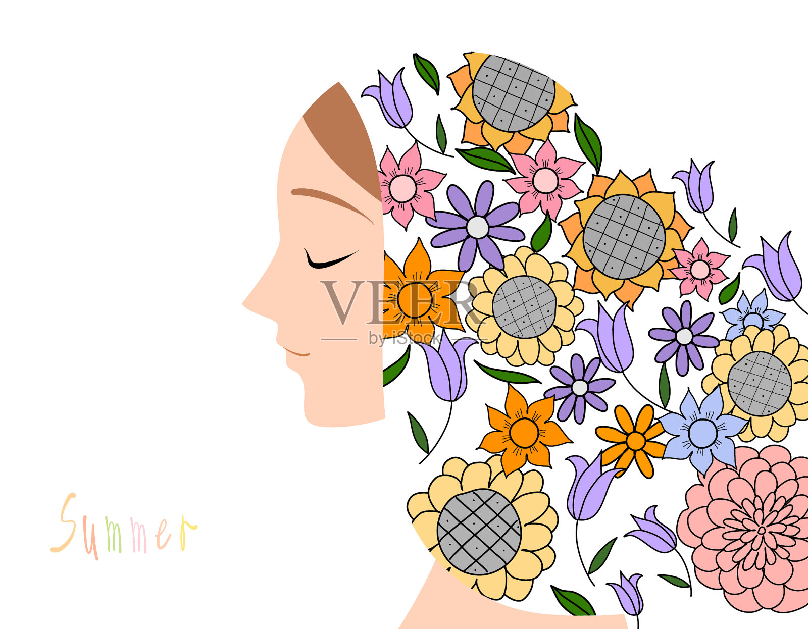 女人肖像与花卉图案插画图片素材