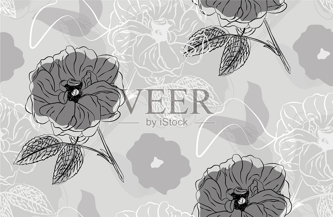 玫瑰画着灰色的无缝图案插画图片素材