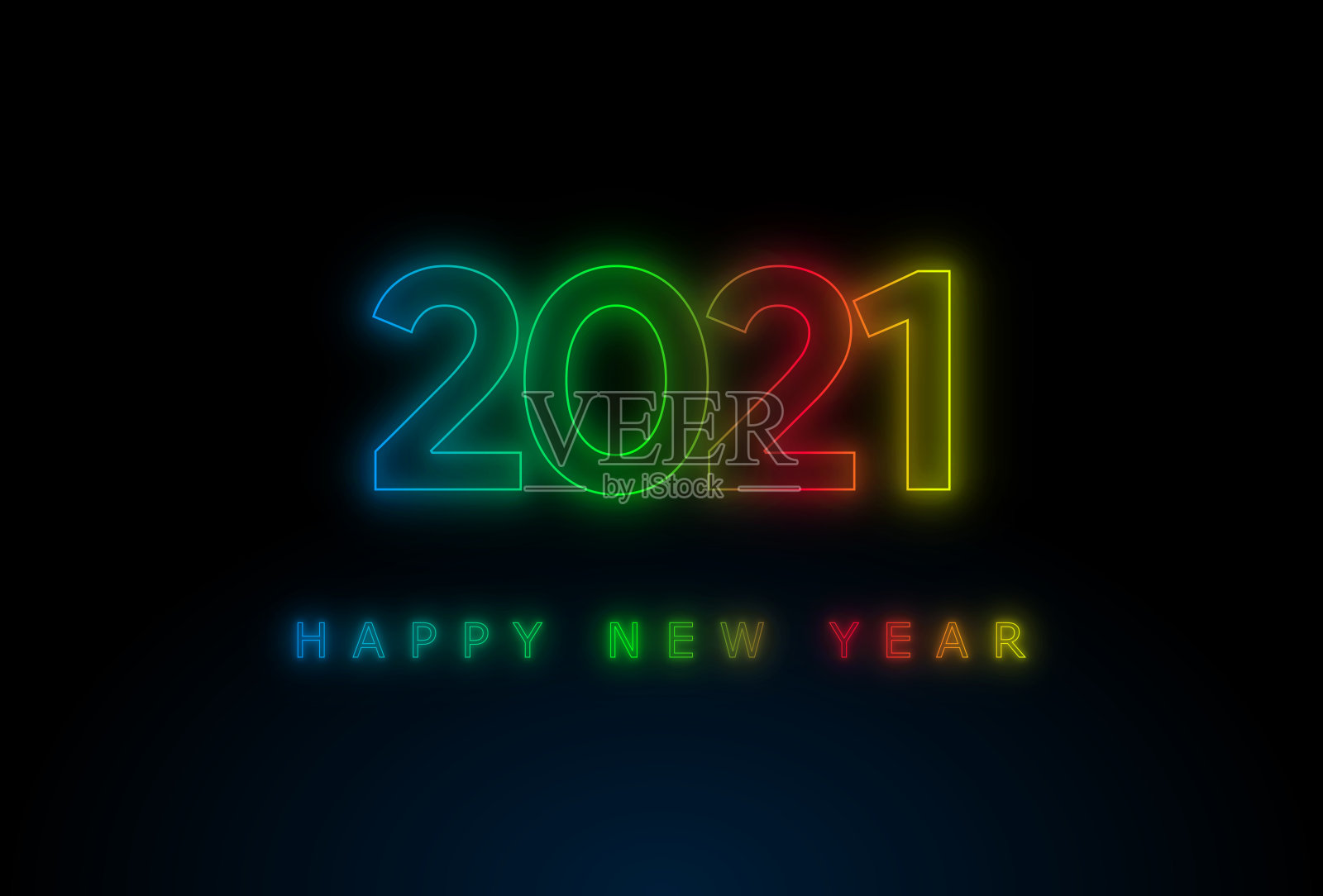 新年快乐2021文字效果霓虹灯彩色在黑暗的背景照片摄影图片