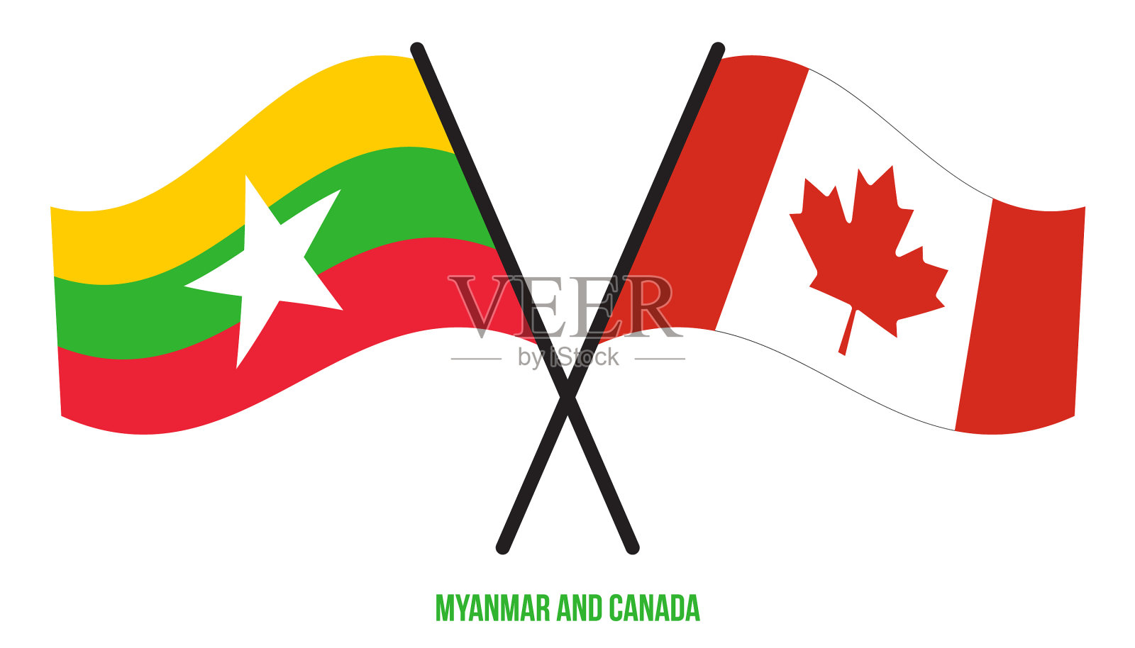 缅甸和加拿大的国旗交叉飘扬插画图片素材