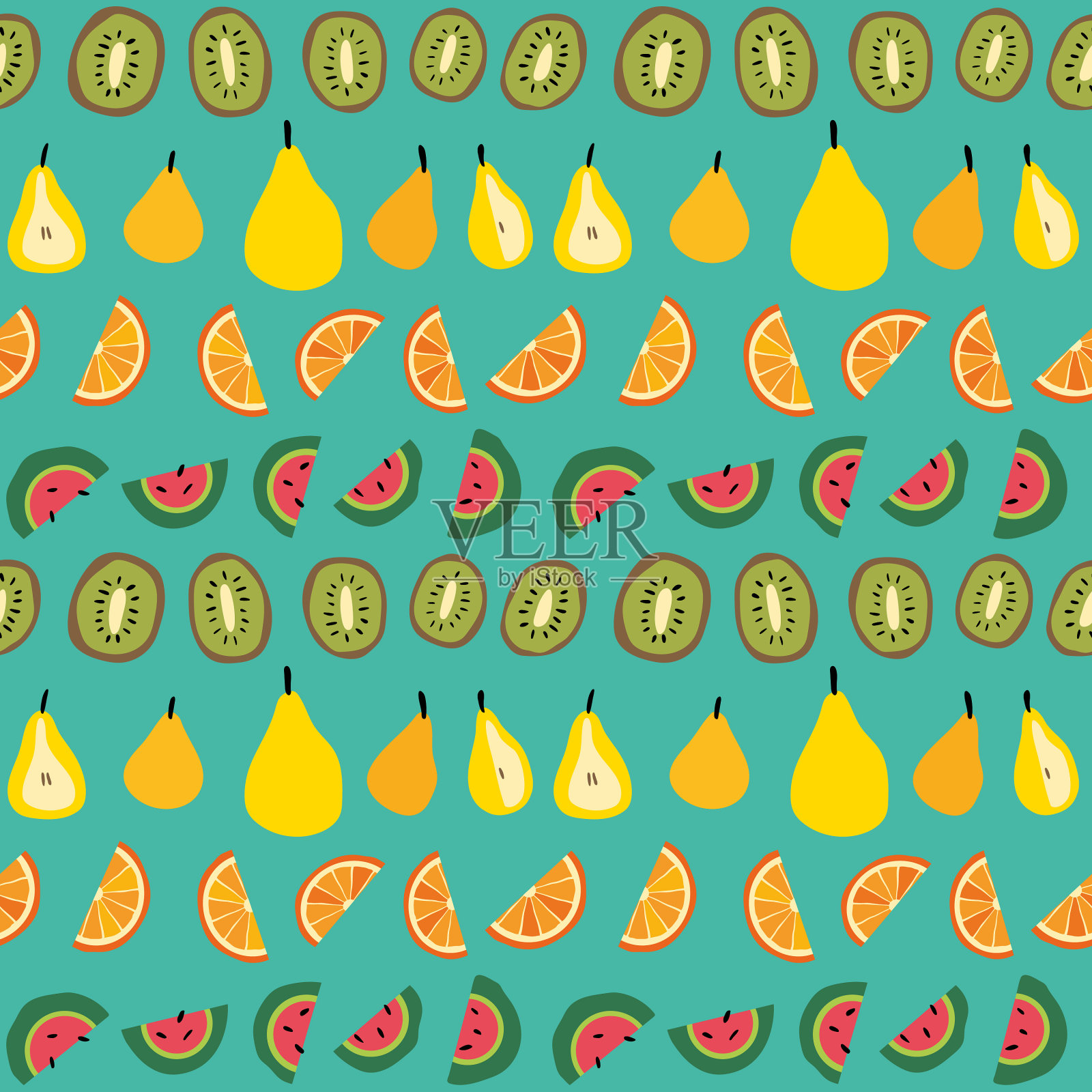 橘色猕猴桃、西瓜、青色梨片插画图片素材