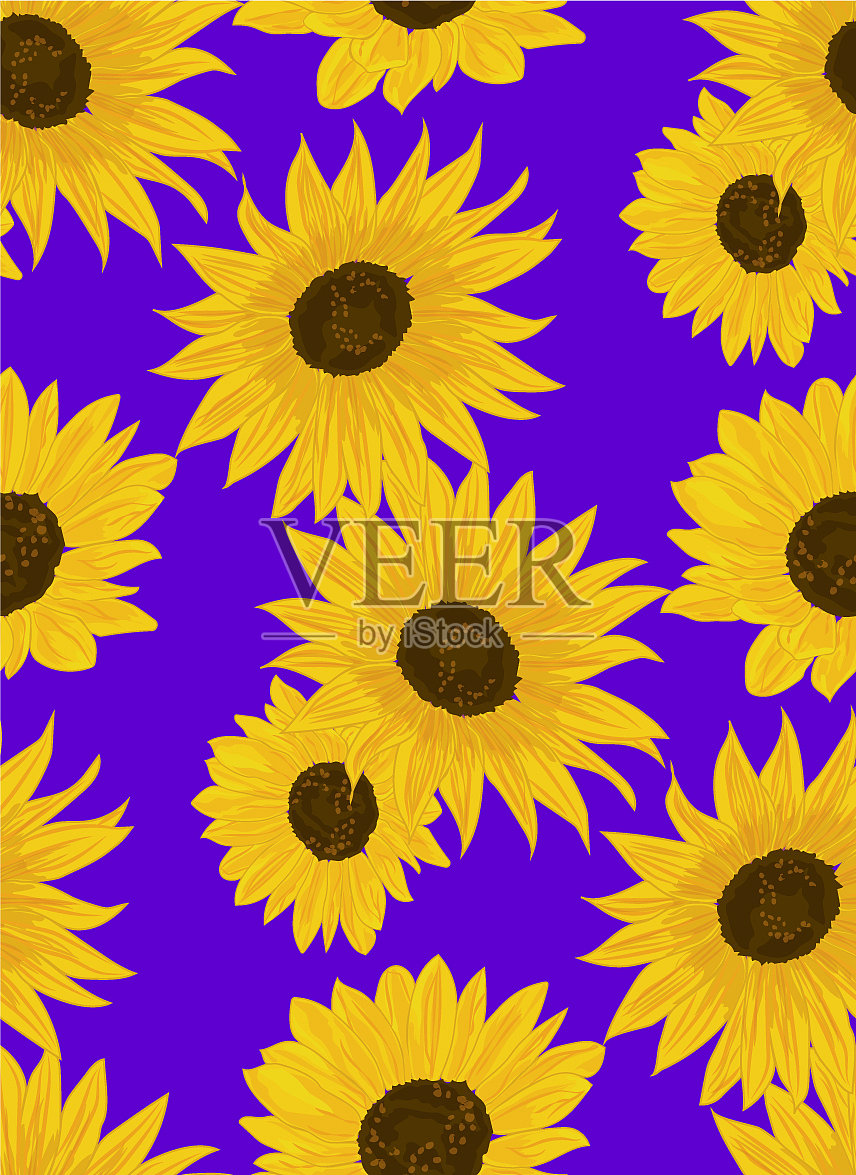 向日葵上的蓝色-无缝图案插画图片素材