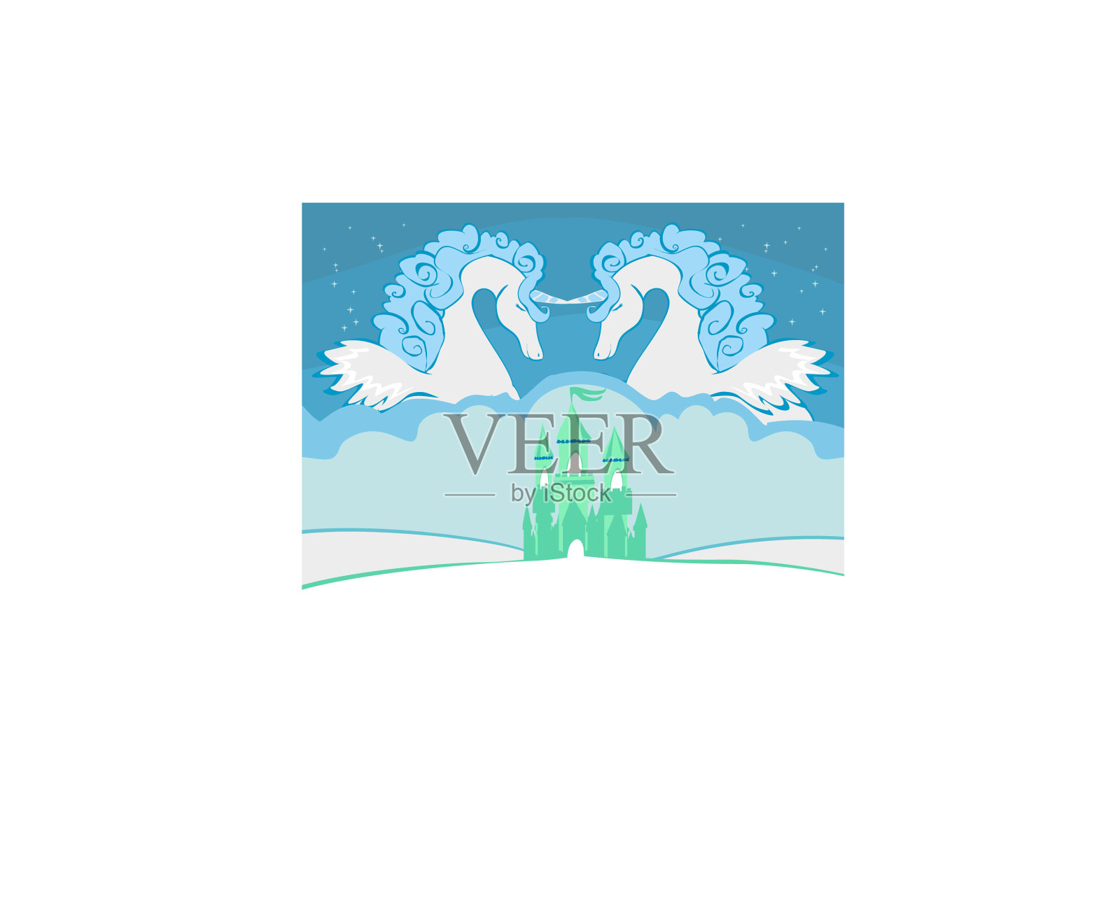 美丽的独角兽和童话般的公主城堡插画图片素材