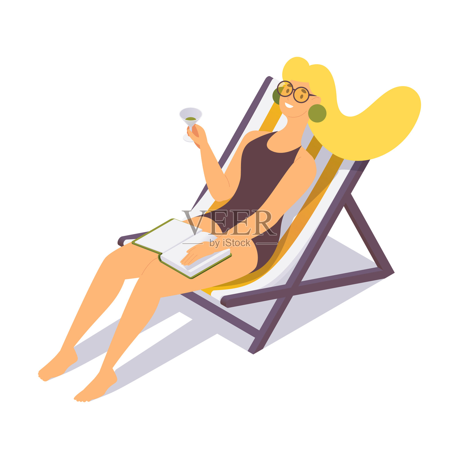 年轻的金发女人在海滩上喝着酒放松设计元素图片