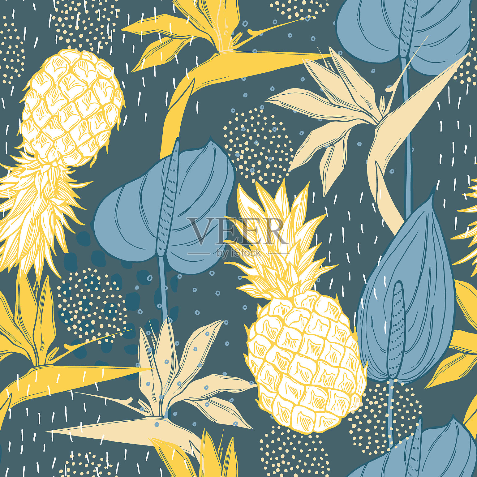 手绘热带花卉和菠萝插画图片素材