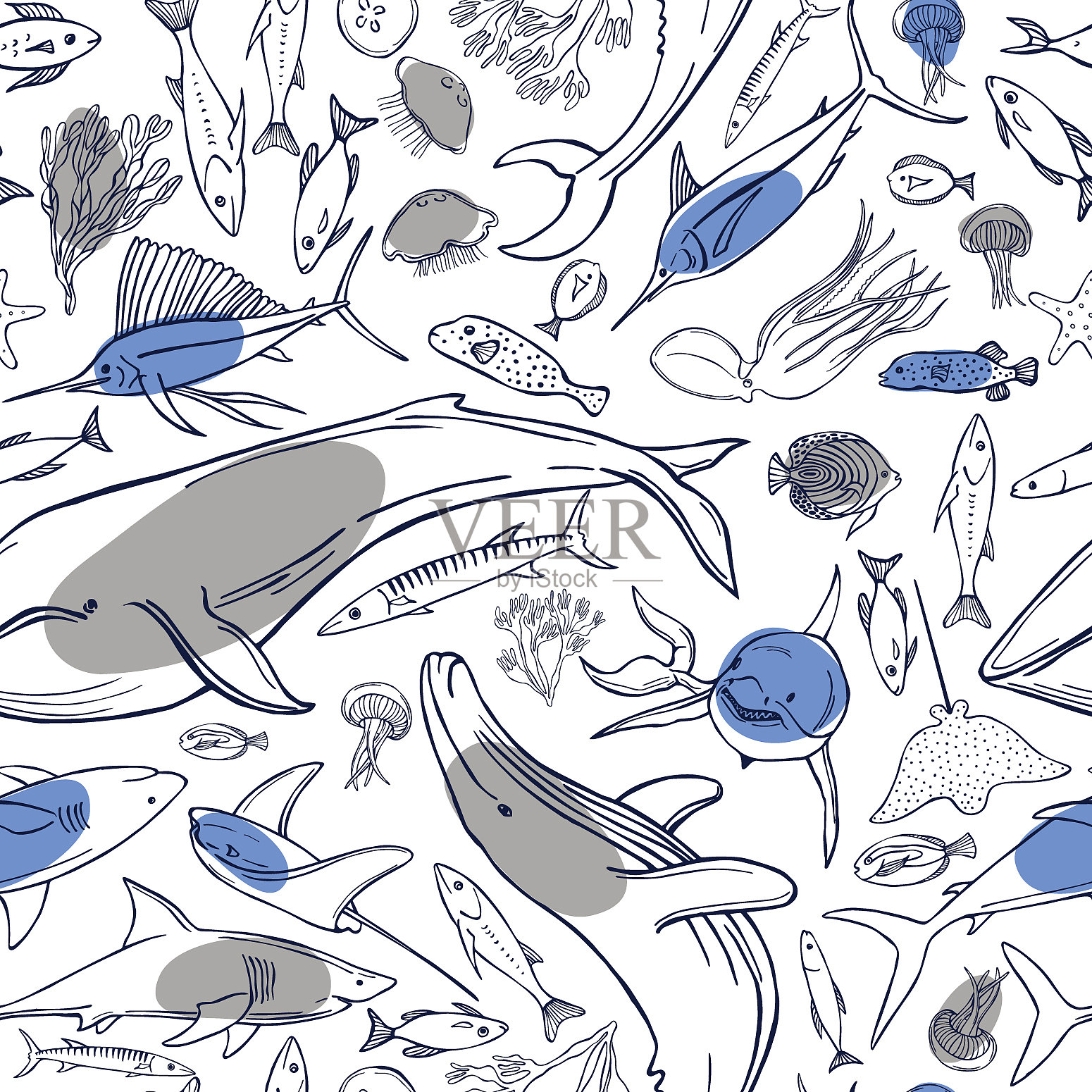 手绘鲸鱼和鱼无缝图案插画图片素材