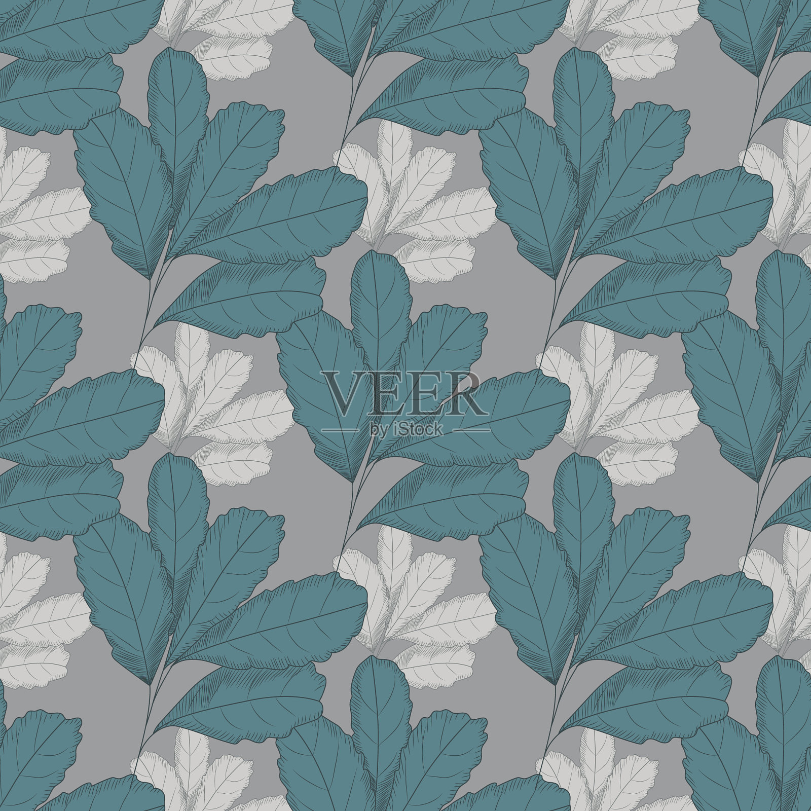 灰色背景上的老式叶子无缝图案插画图片素材