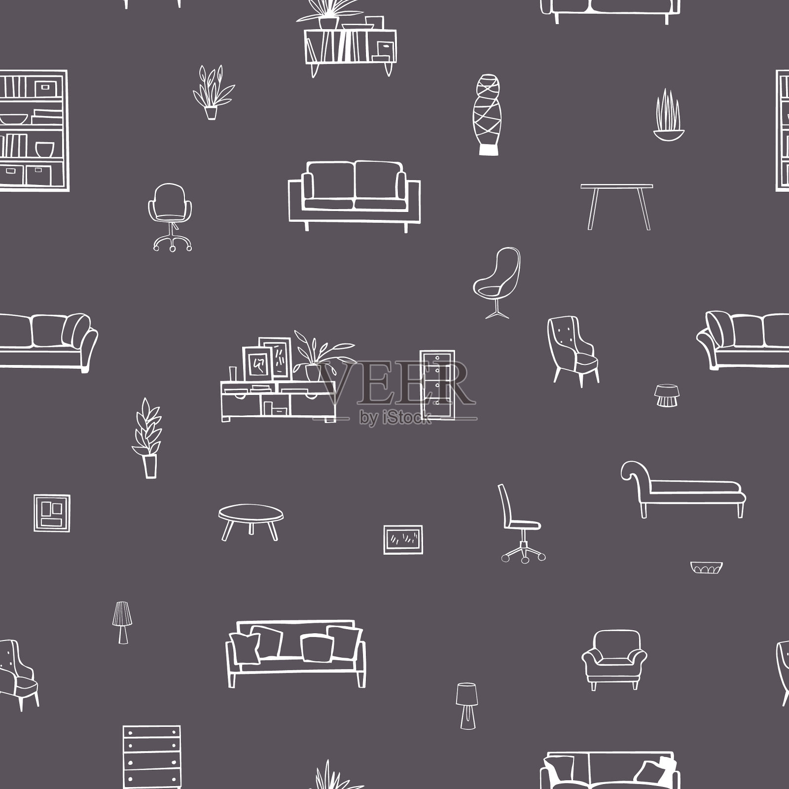 家居家具、灯具和植物无缝衔接插画图片素材