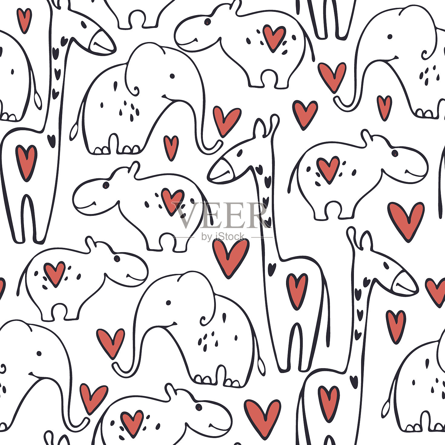情人节无缝模式与动物插画图片素材