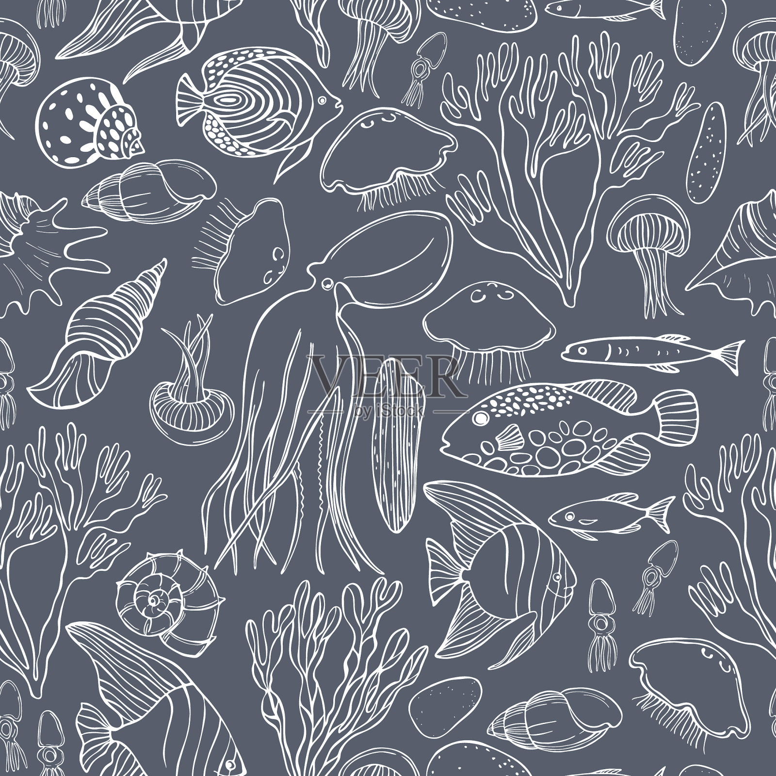 水下世界有水母、章鱼、鱼、贝壳插画图片素材