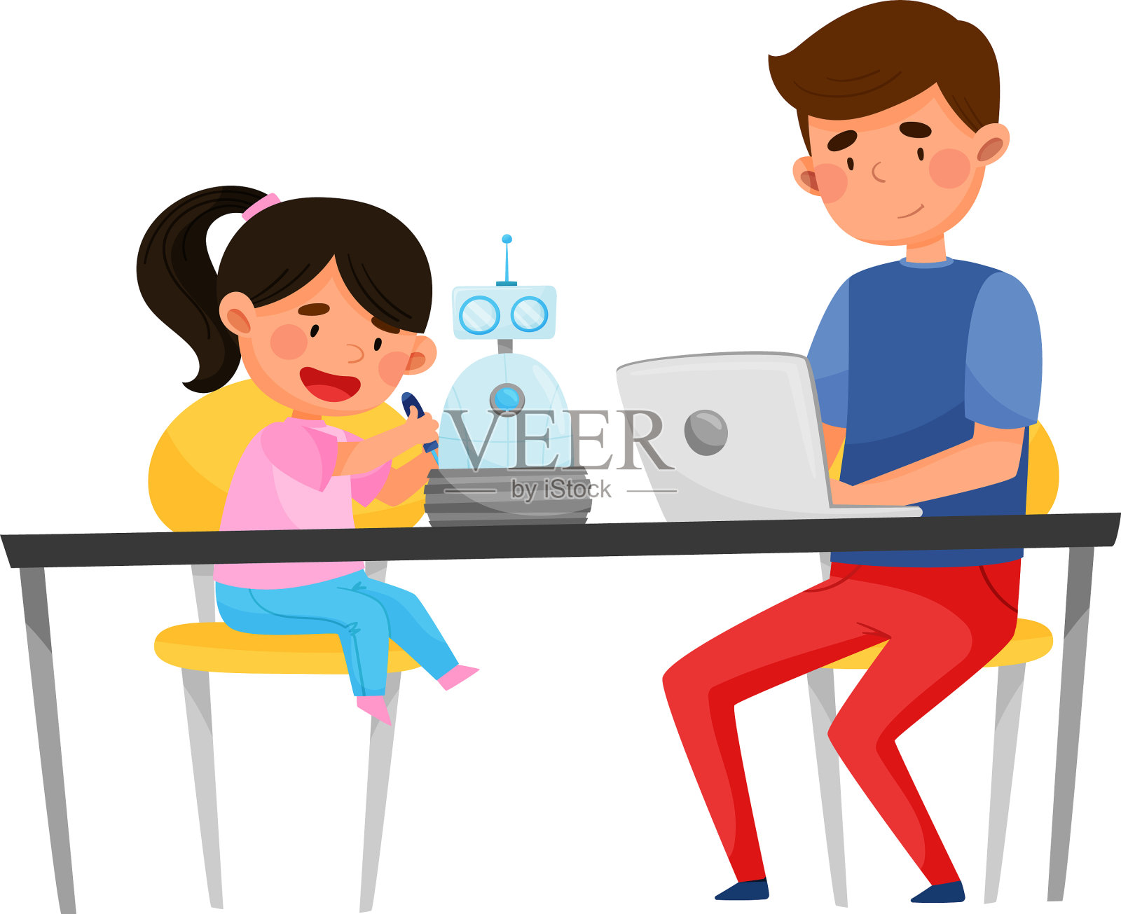 一个年轻的学生和一个孩子坐在桌子旁插画图片素材