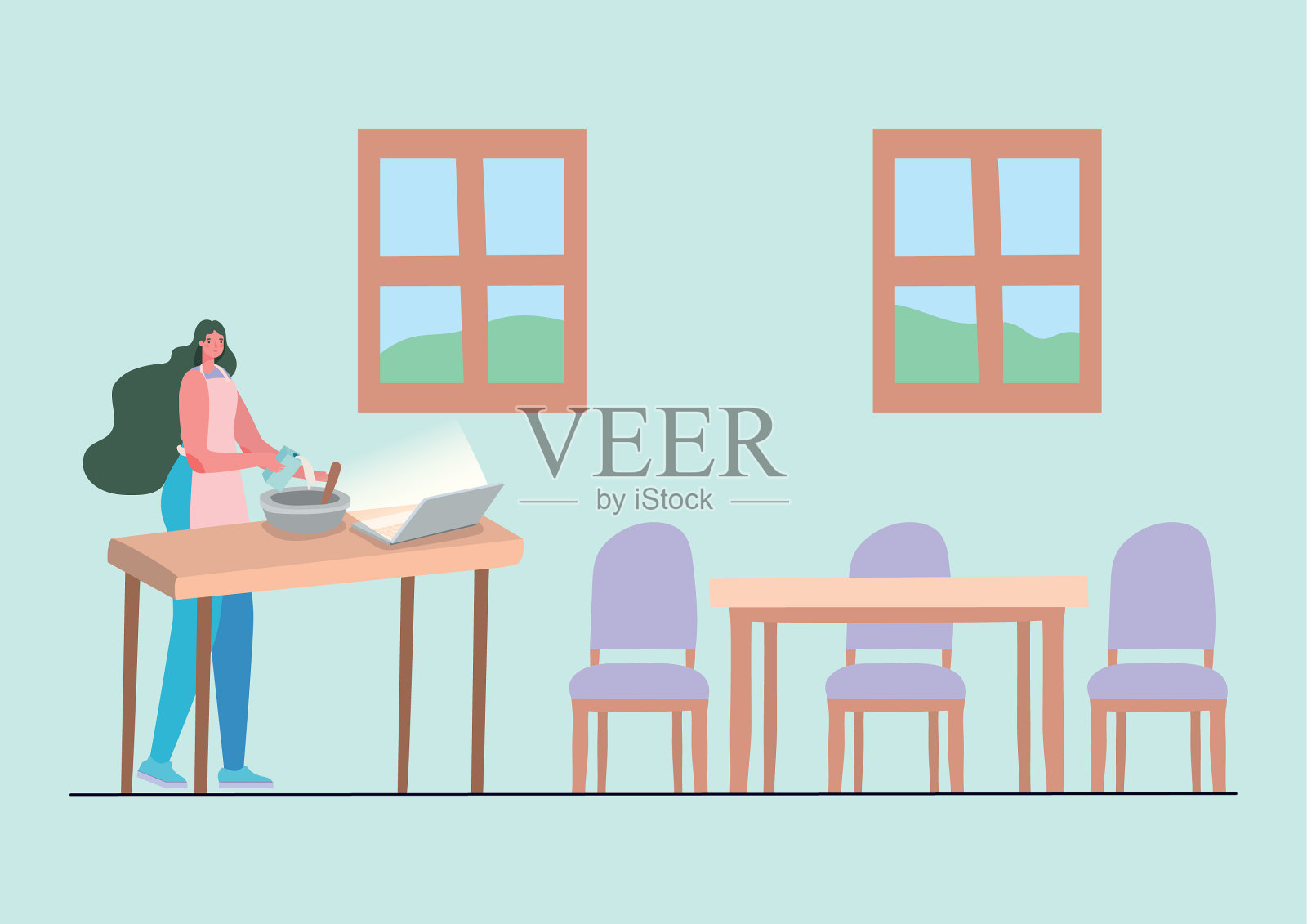 女人在桌子上用笔记本电脑做饭插画图片素材