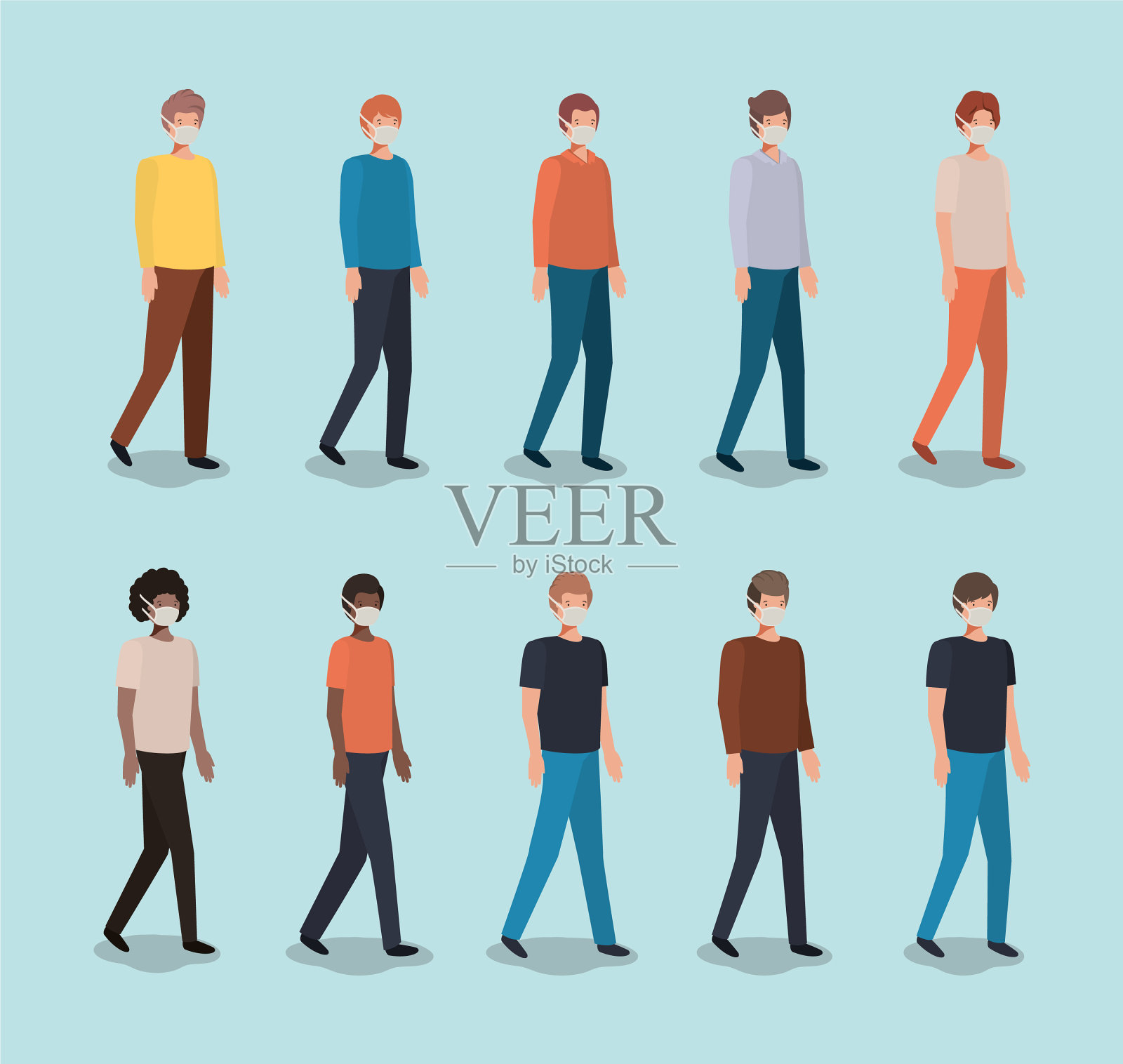 戴面具的男孩之间的社交距离插画图片素材