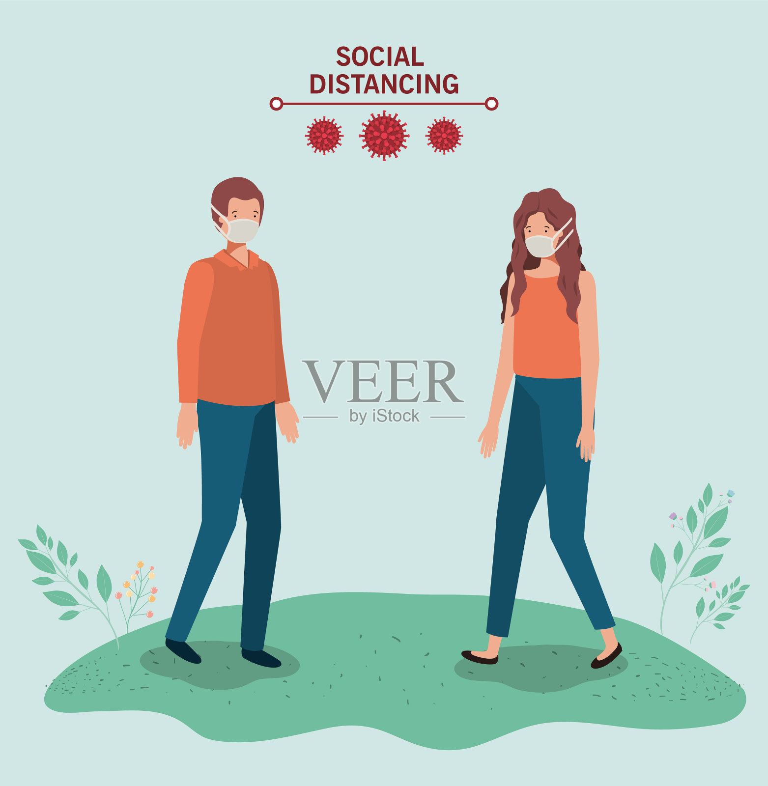 男孩和女孩戴着面具保持社交距离插画图片素材