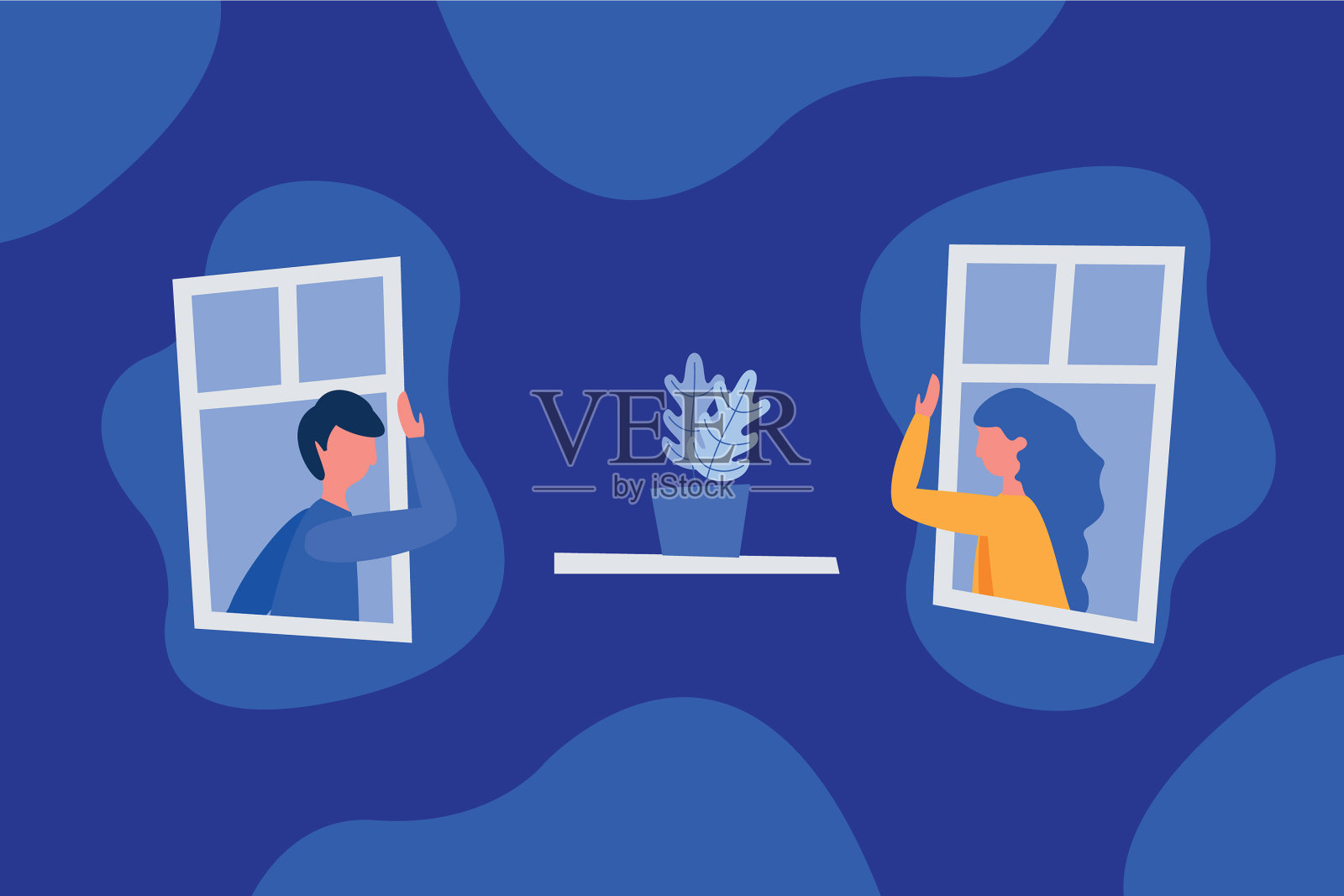 男孩和女孩戴着面具保持社交距离插画图片素材