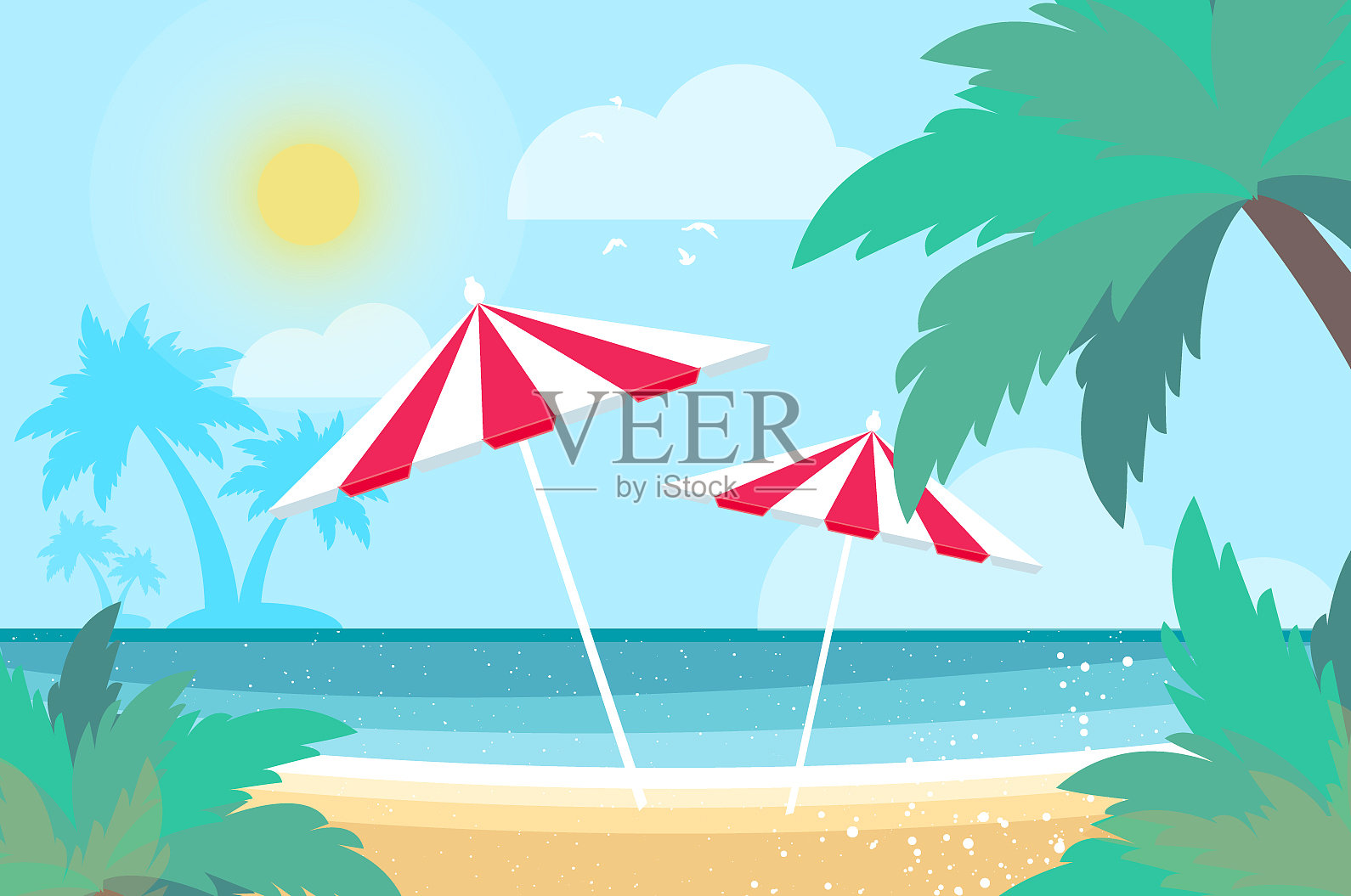 遮阳伞下的棕榈树在海边的时间插画图片素材